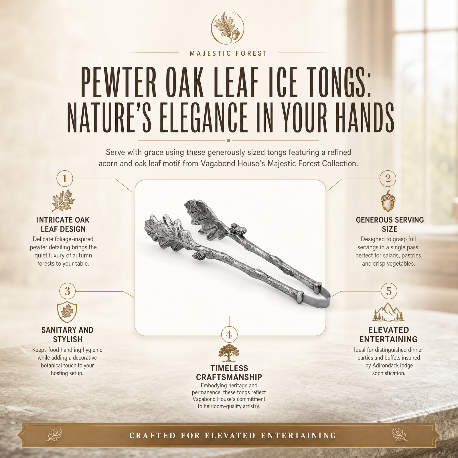Pewter Oak Leaf Pattern Ice / Bread Tongs 10