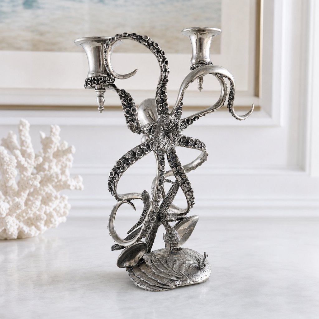 Two Taper Pewter Octopus Candelabrum 10