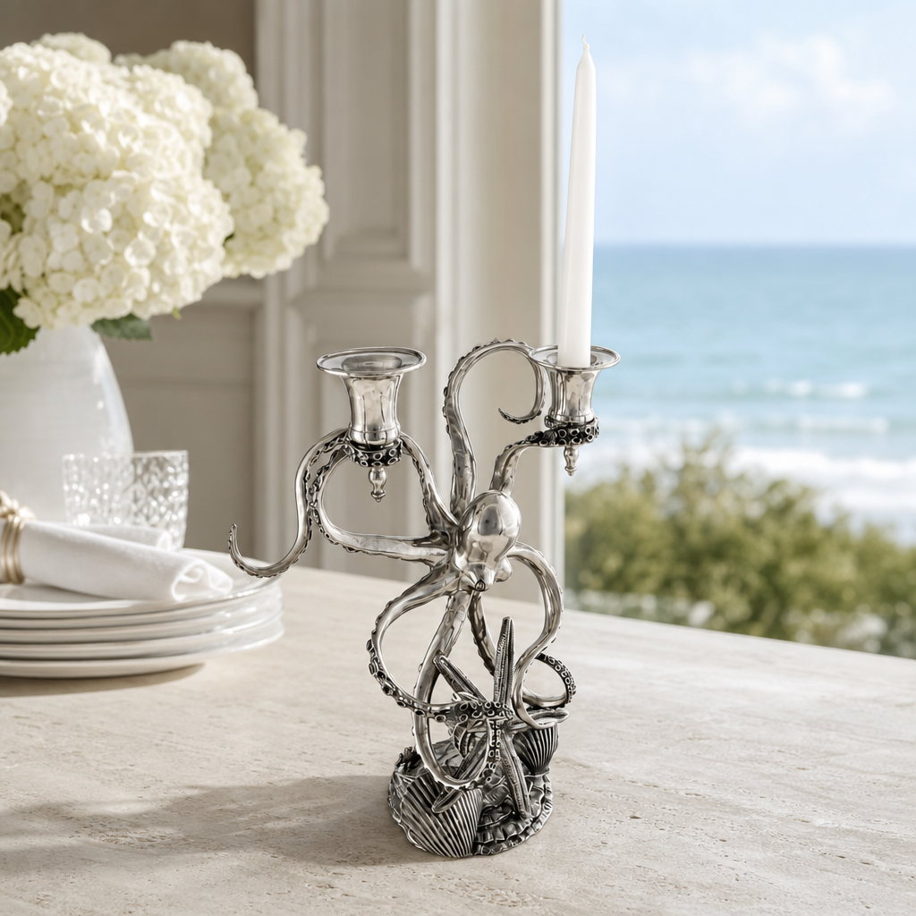 Two Taper Pewter Octopus Candelabrum 5