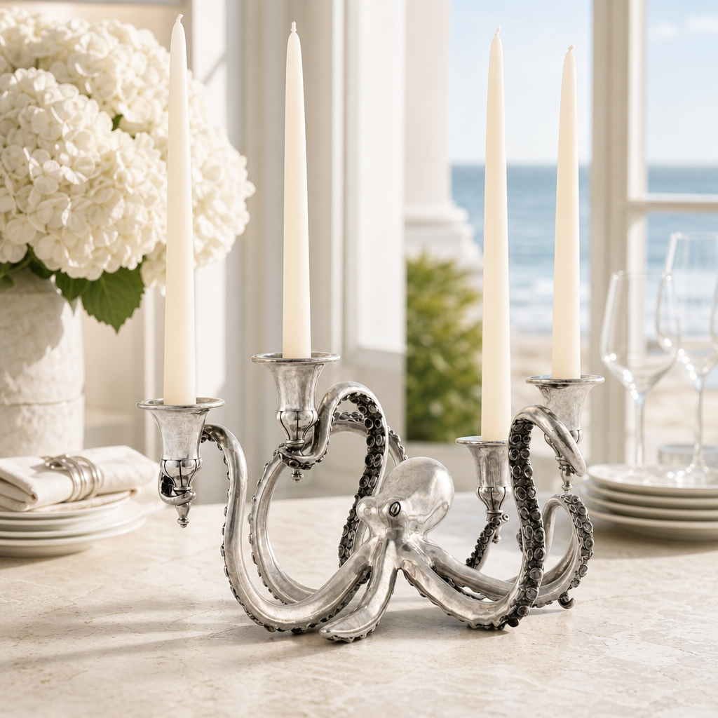 Four Taper Pewter Octopus Candelabrum 2