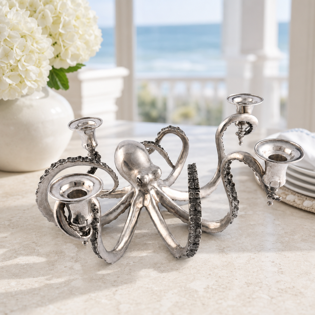 Four Taper Pewter Octopus Candelabrum 2