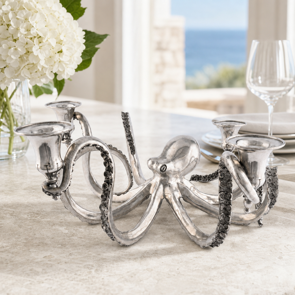 Four Taper Pewter Octopus Candelabrum 3