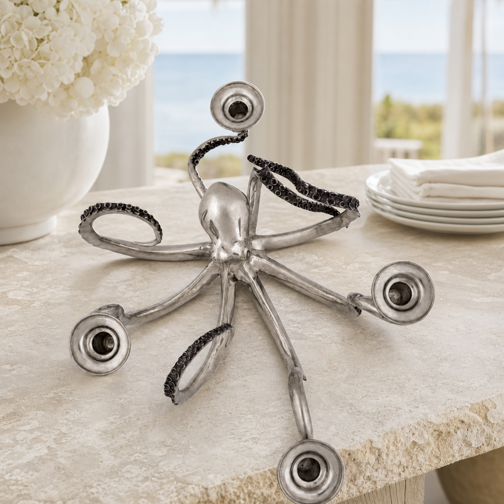 Four Taper Pewter Octopus Candelabrum 5