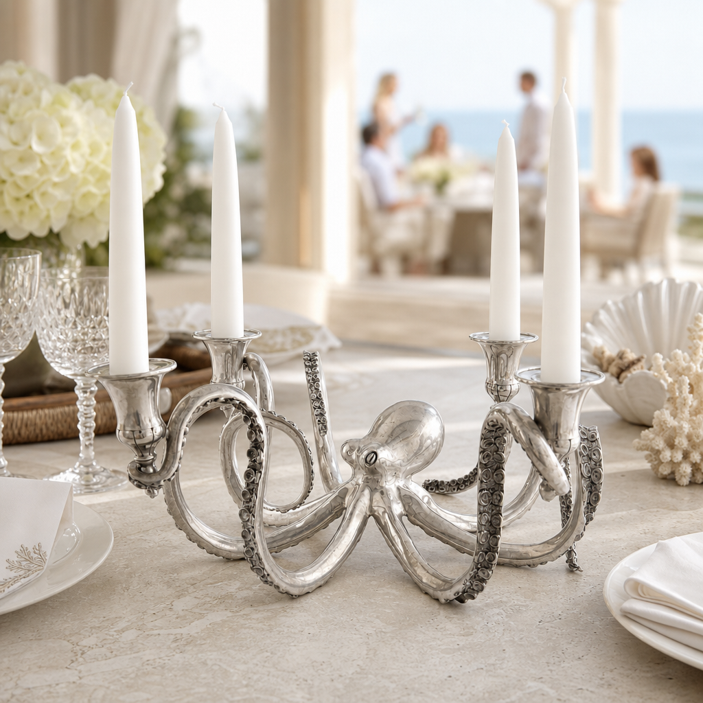 Four Taper Pewter Octopus Candelabrum 6