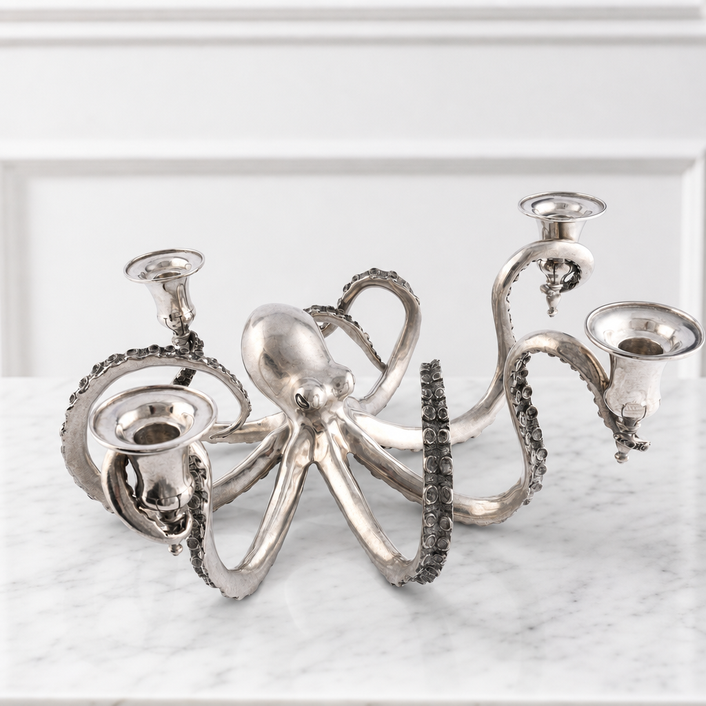 Four Taper Pewter Octopus Candelabrum 7