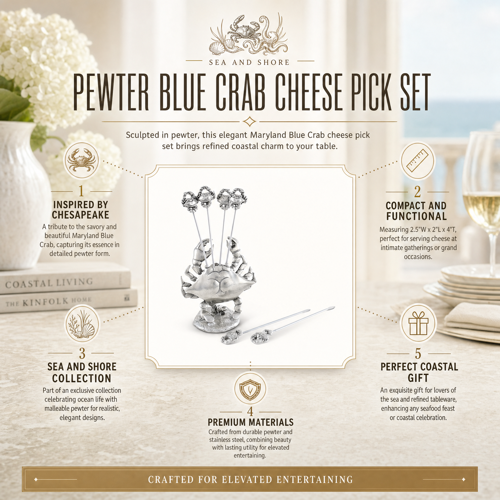 Pewter Blue Crab Cheese Pick Set 11