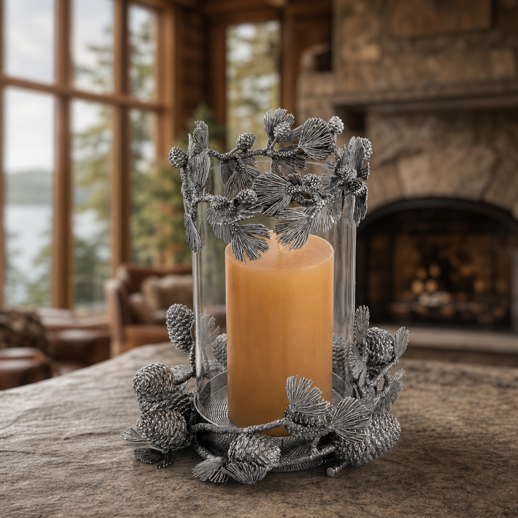 Pewter Pine Cones Pillar Hurricane Centerpiece 3