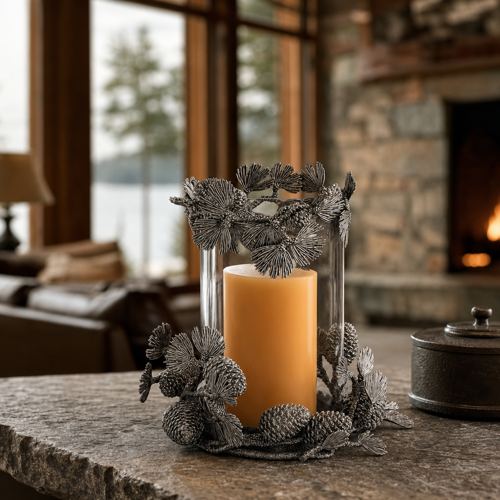 Pewter Pine Cones Pillar Hurricane Centerpiece 5