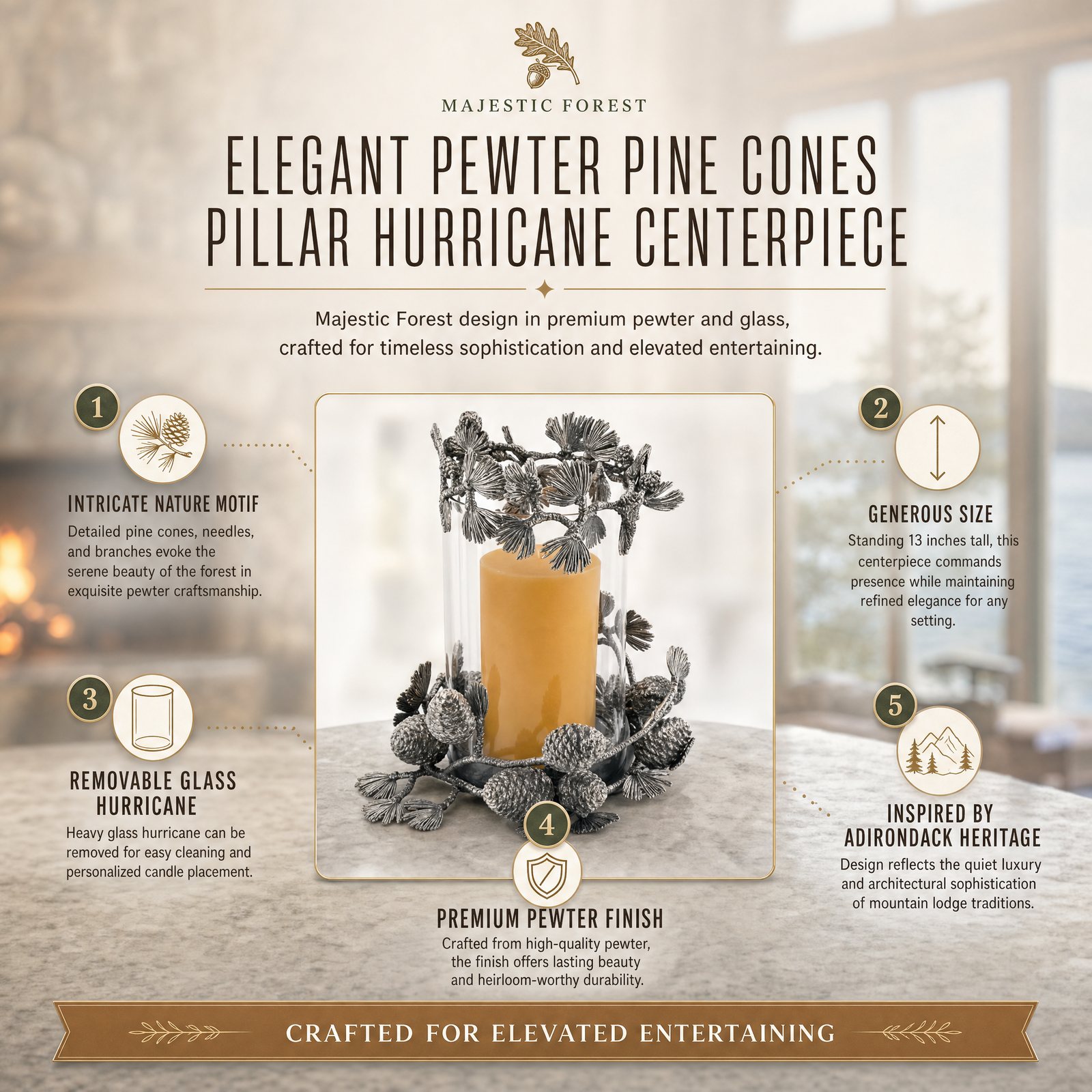 Pewter Pine Cones Pillar Hurricane Centerpiece 11