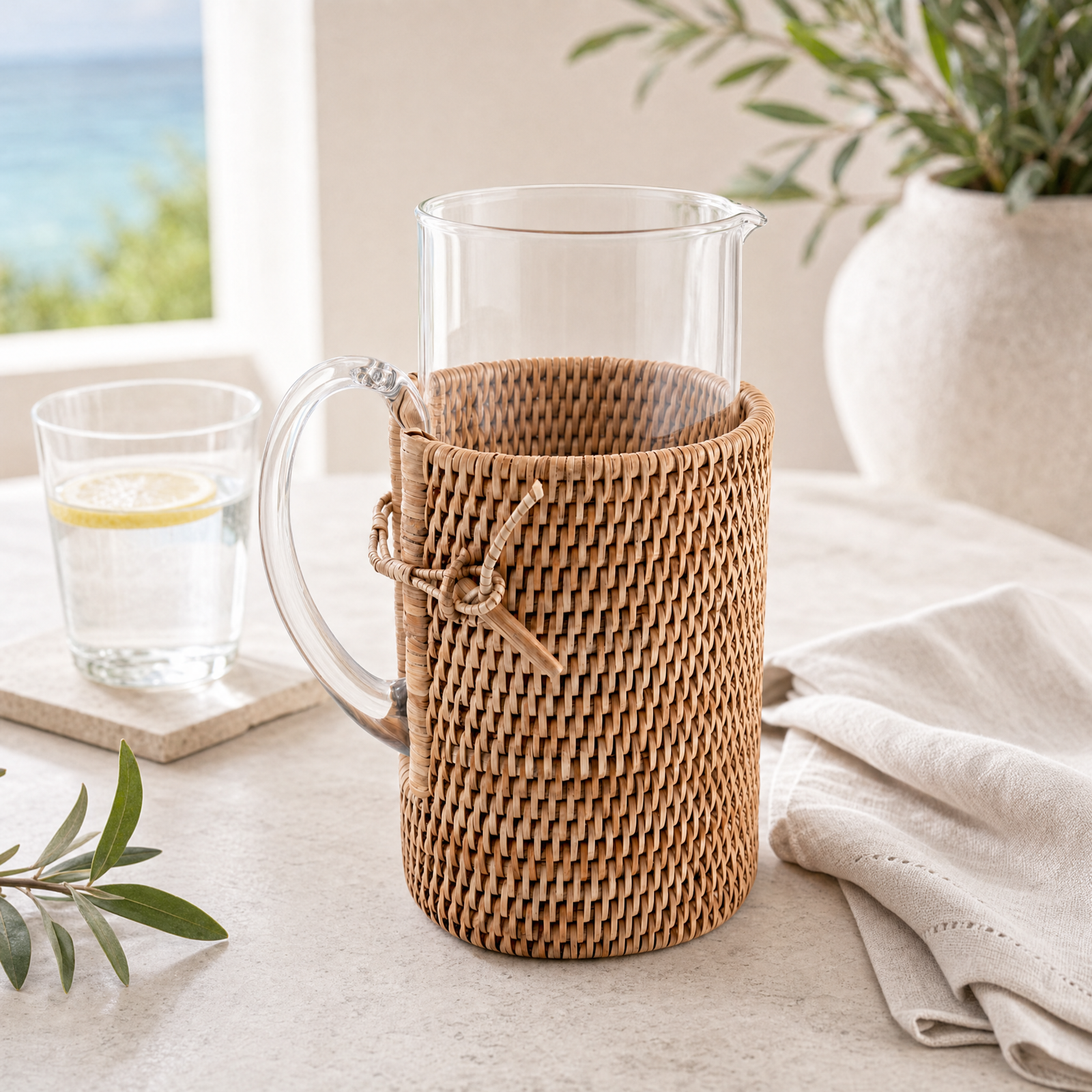 Glass Pitcher Hand Woven Wicker Natural Rattan Cover 3