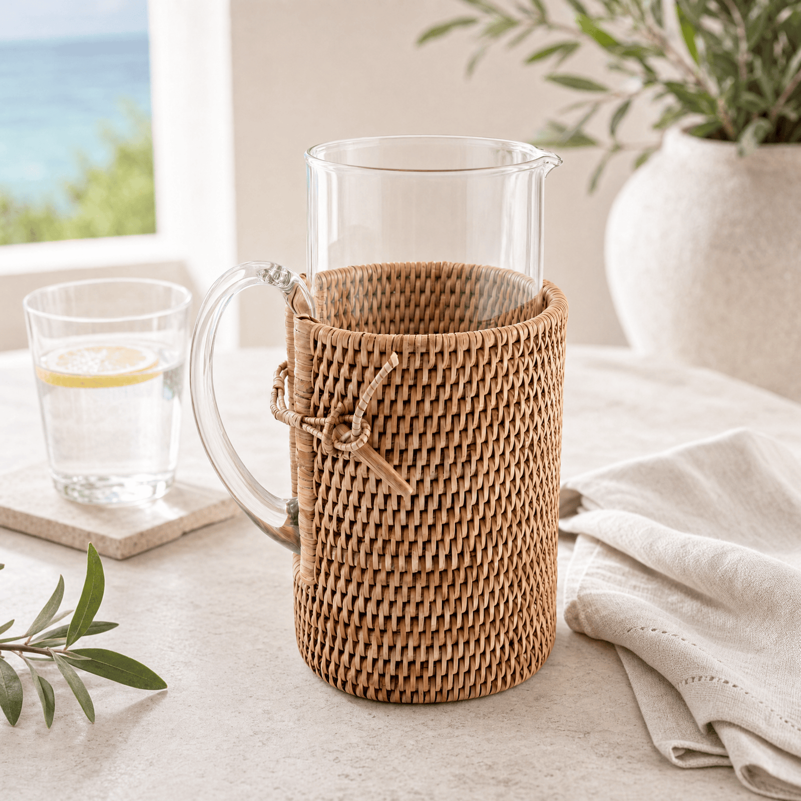Glass Pitcher Hand Woven Wicker Natural Rattan Cover 3