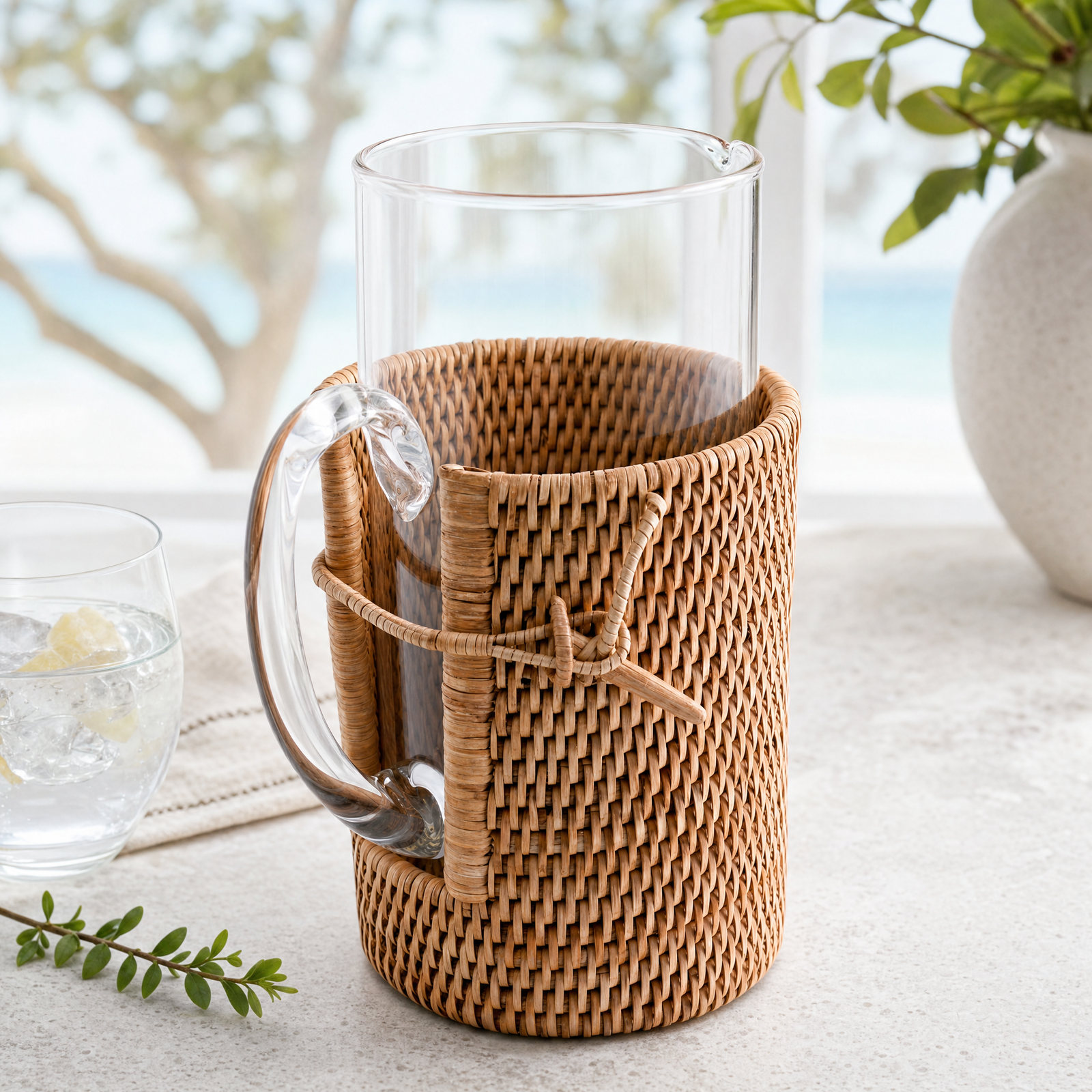 Glass Pitcher Hand Woven Wicker Natural Rattan Cover 5
