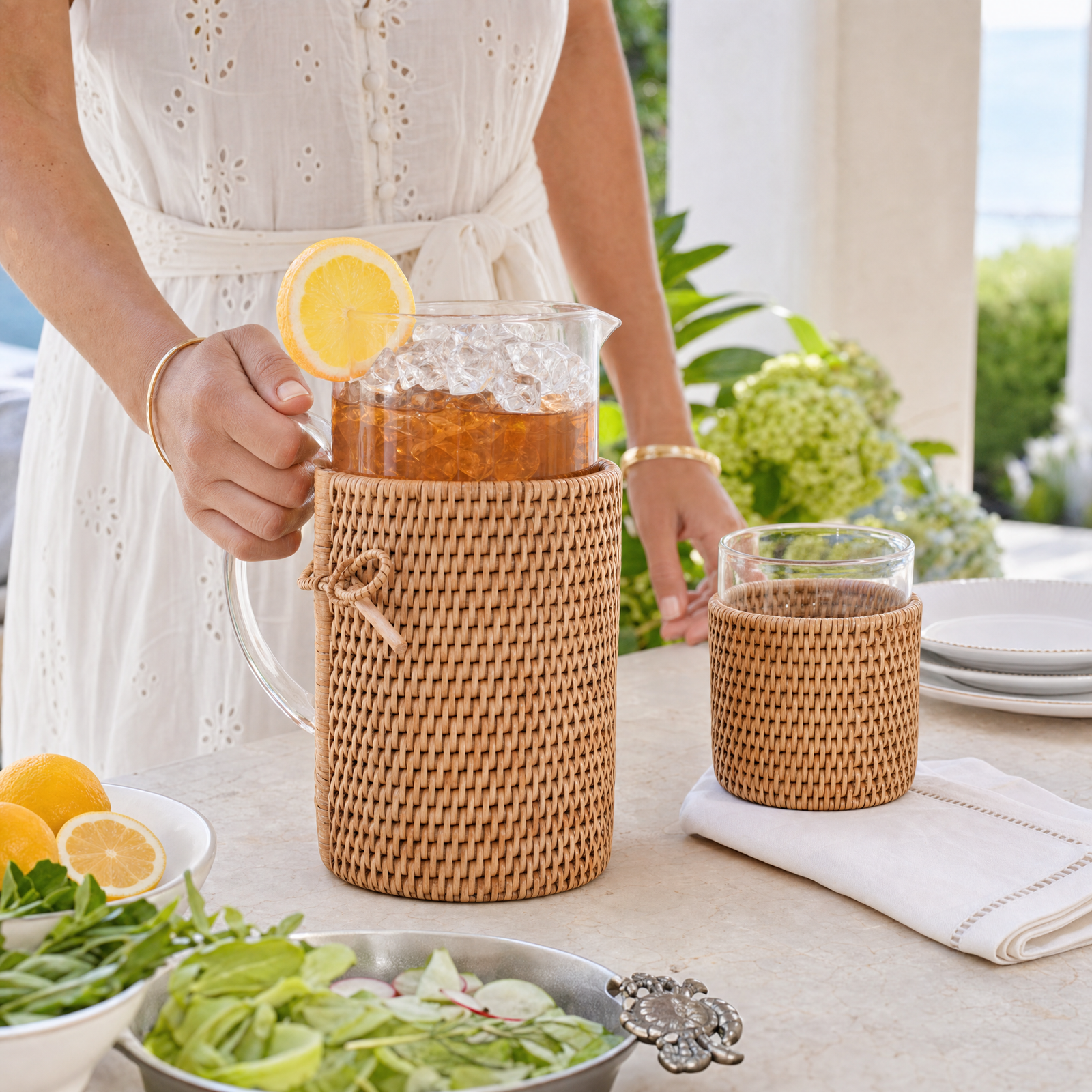 Glass Pitcher Hand Woven Wicker Natural Rattan Cover 6