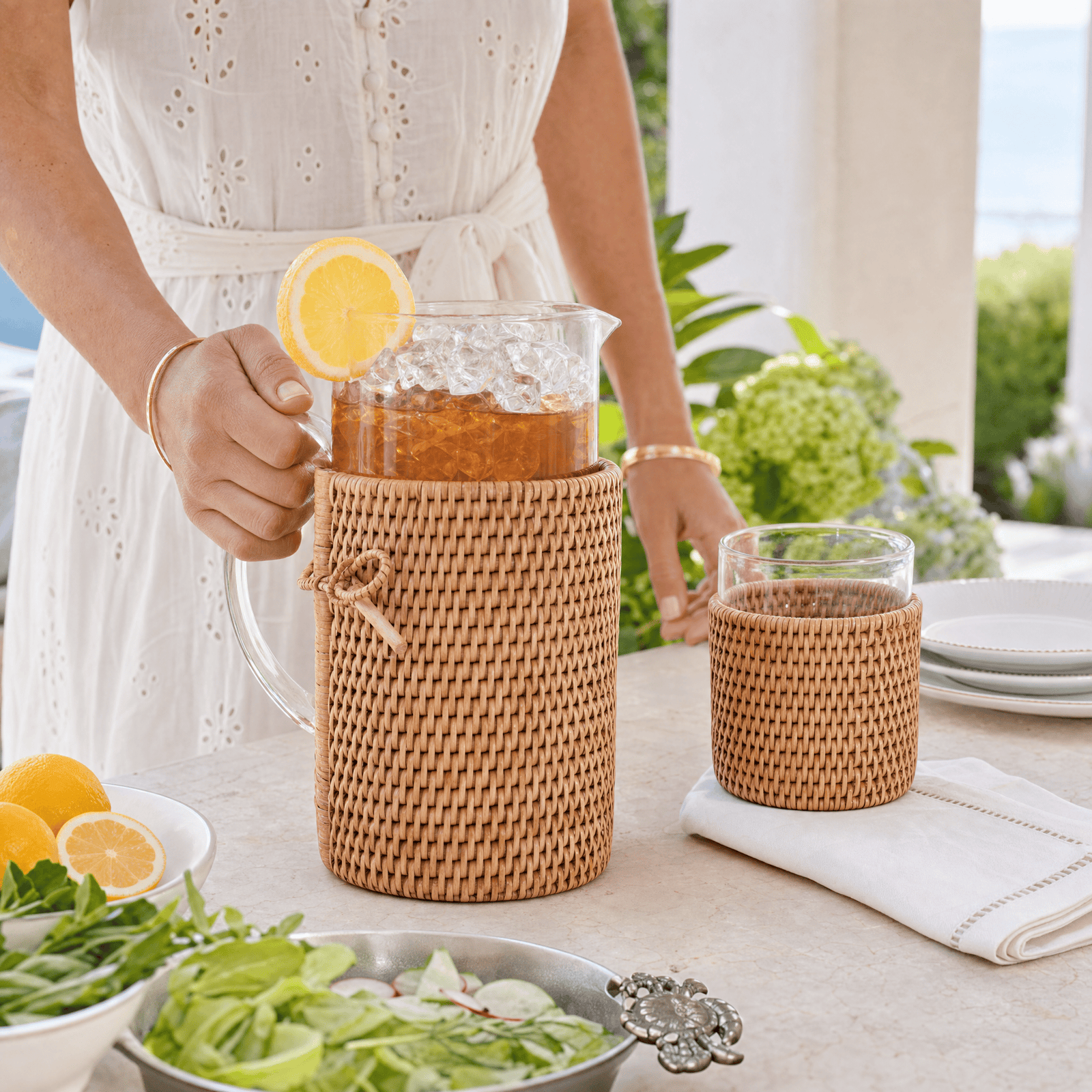 Glass Pitcher Hand Woven Wicker Natural Rattan Cover 6