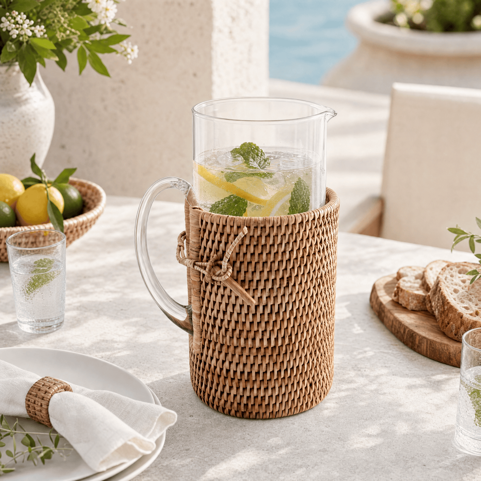 Glass Pitcher Hand Woven Wicker Natural Rattan Cover 7