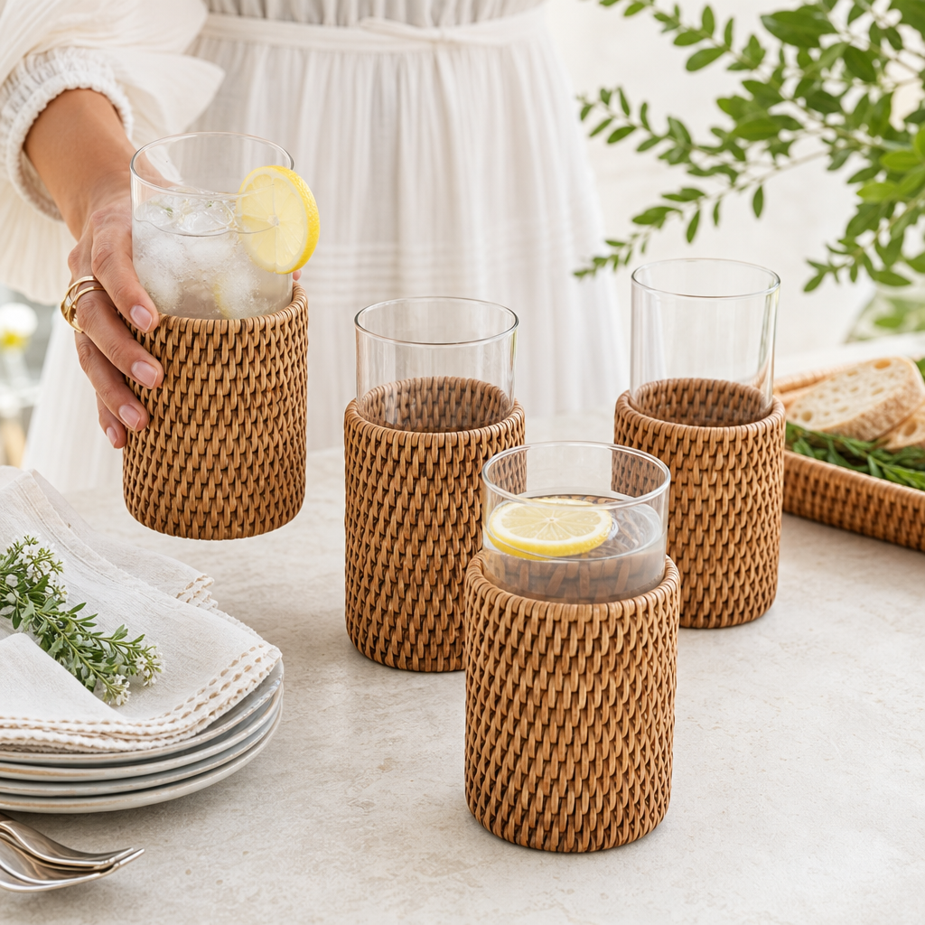 Drinking Glass Covered with Hand Woven Wicker Rattan - Set of 4 3