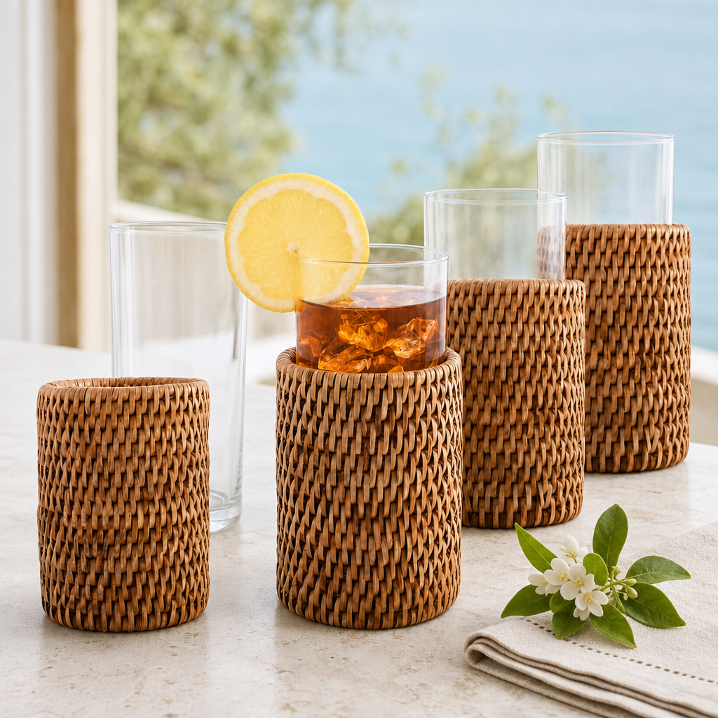 Drinking Glass Covered with Hand Woven Wicker Rattan - Set of 4 2