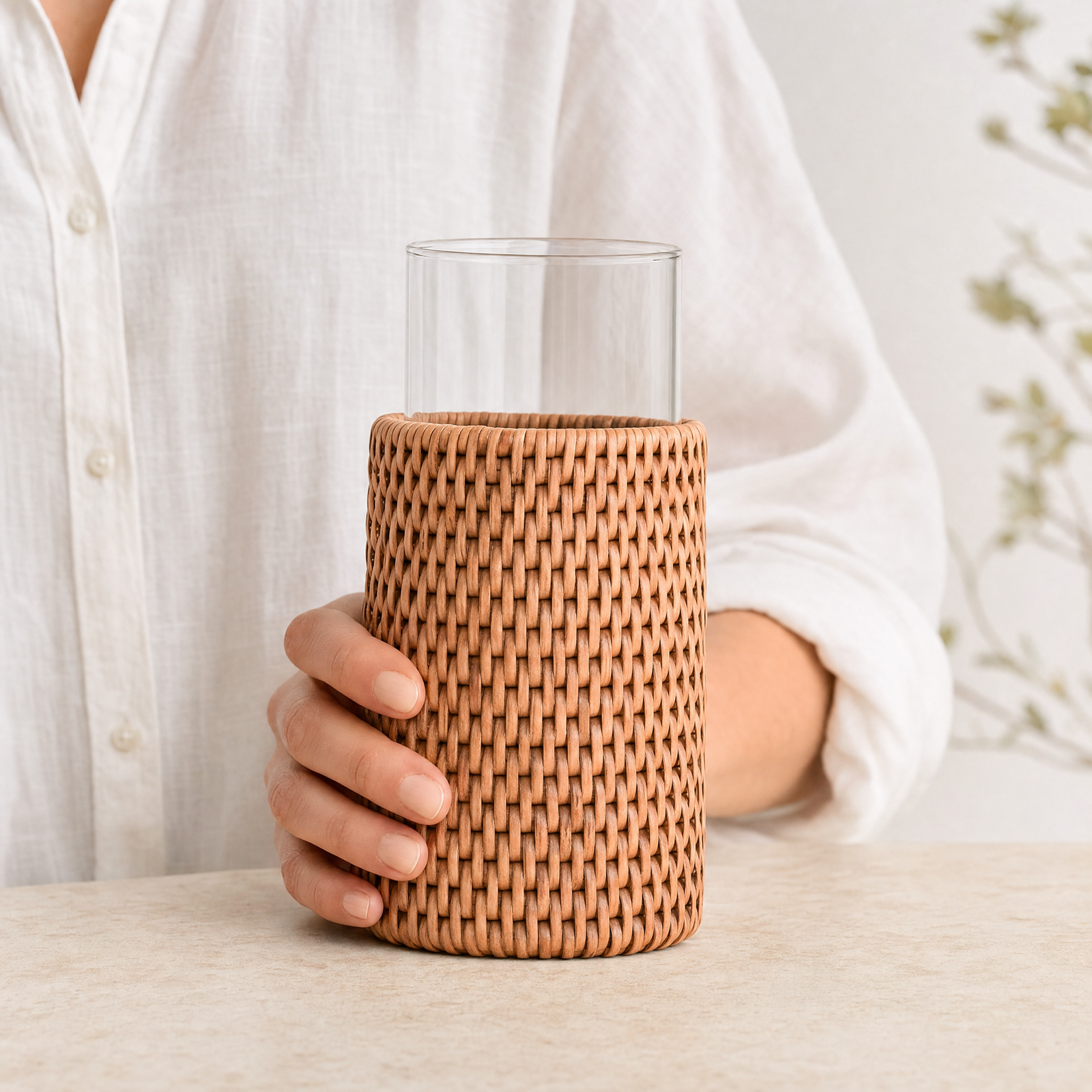 Drinking Glass Covered with Hand Woven Wicker Rattan - Set of 4 10