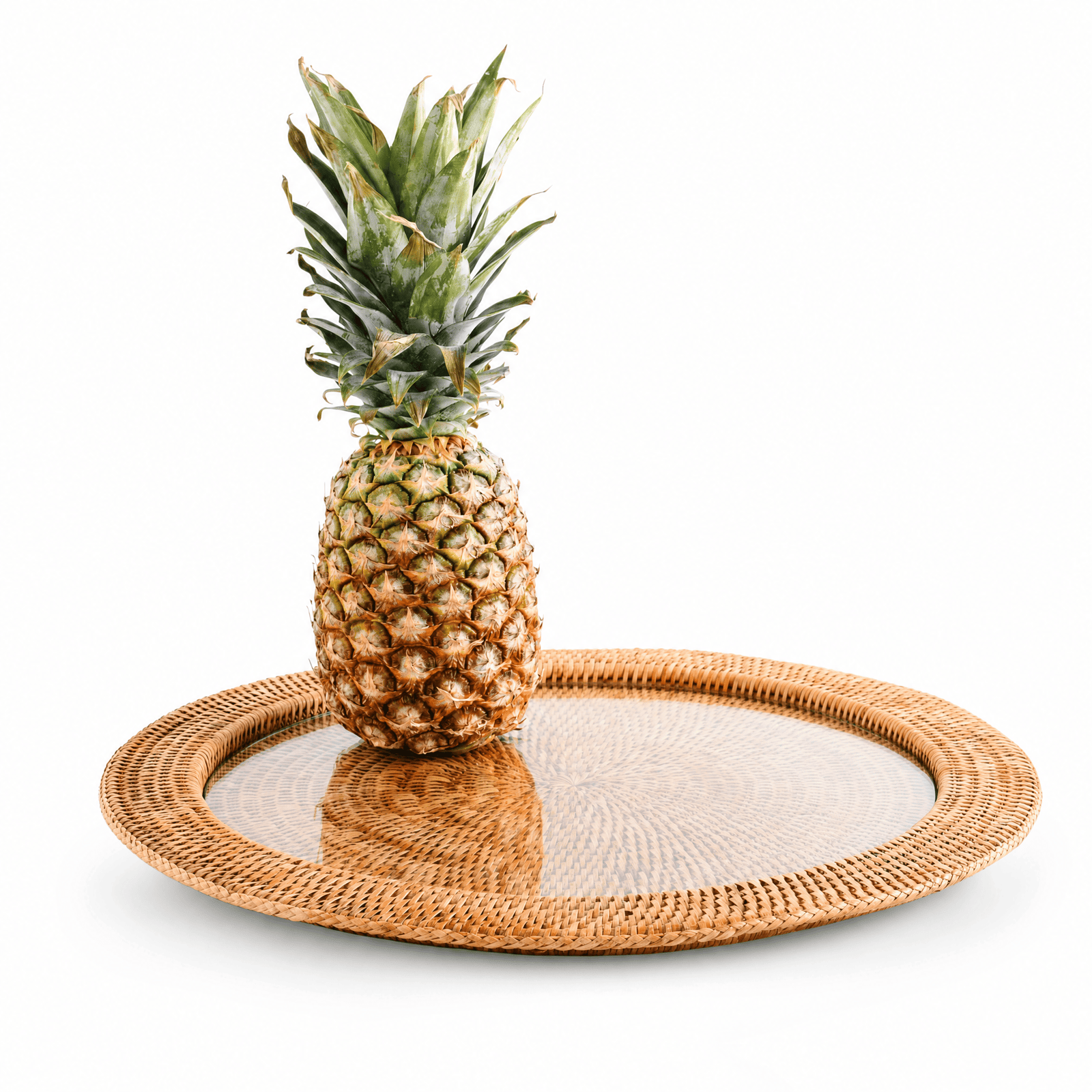 Round Serving Tray Hand Woven Wicker Rattan - Glass Insert 1