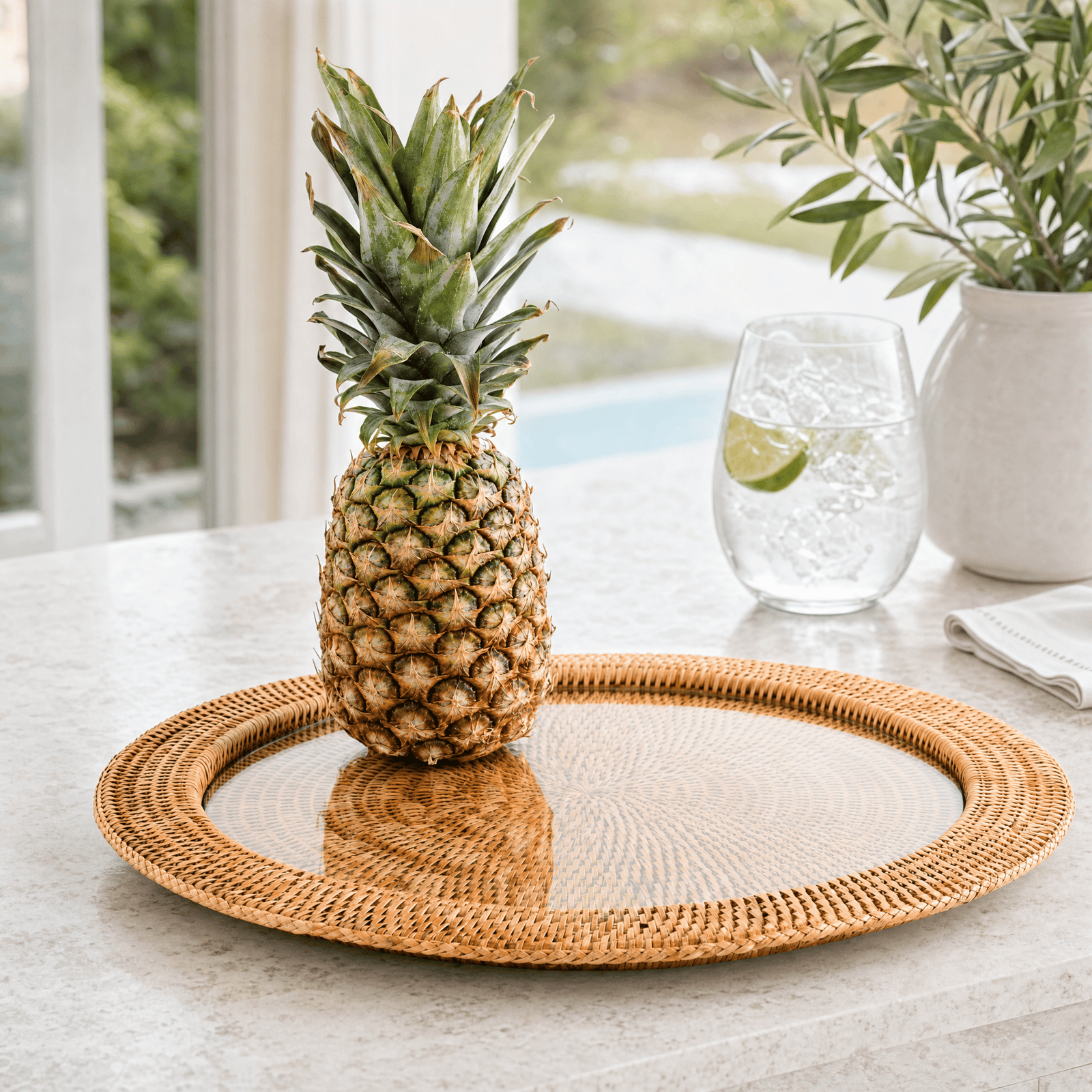 Round Serving Tray Hand Woven Wicker Rattan - Glass Insert 2