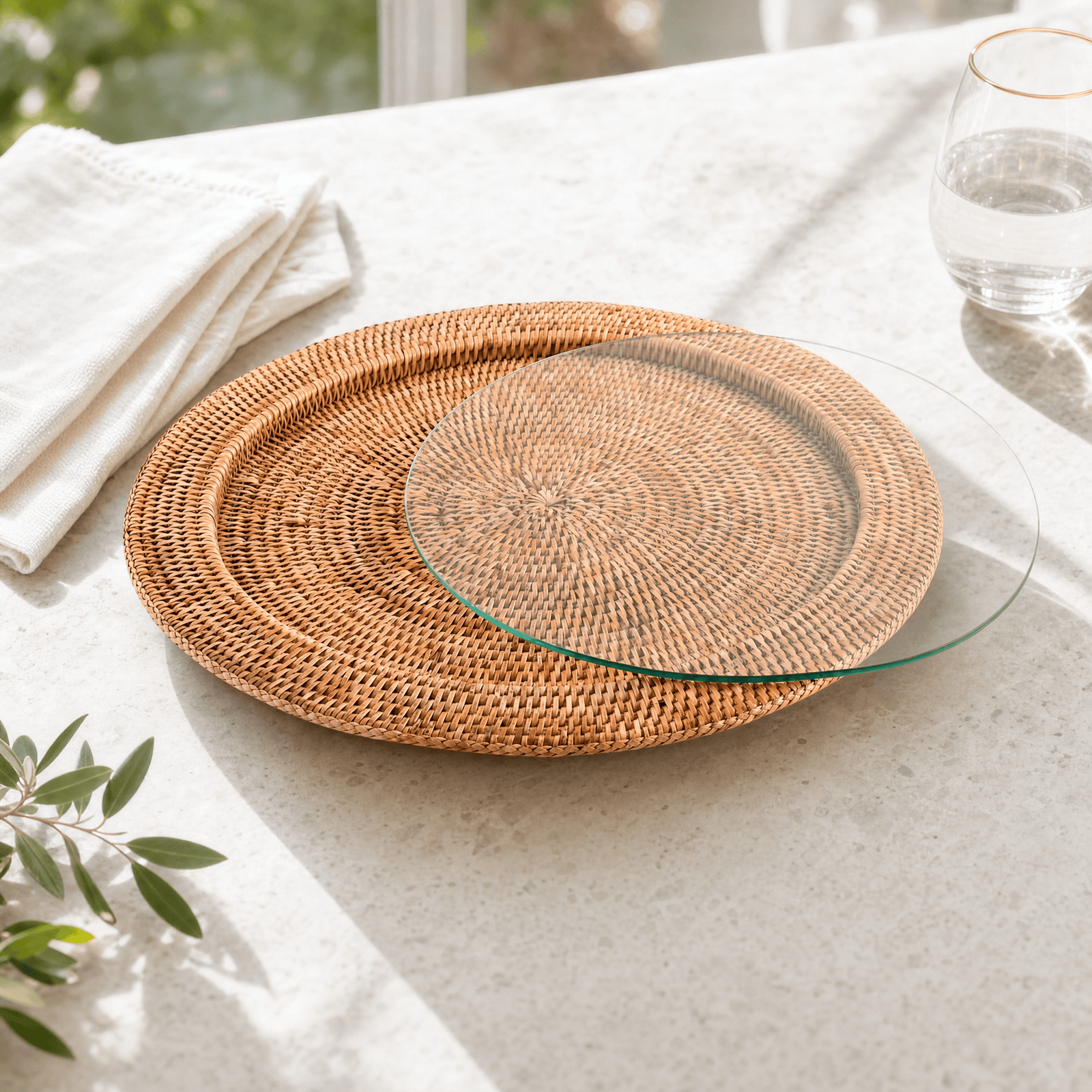 Round Serving Tray Hand Woven Wicker Rattan - Glass Insert 4