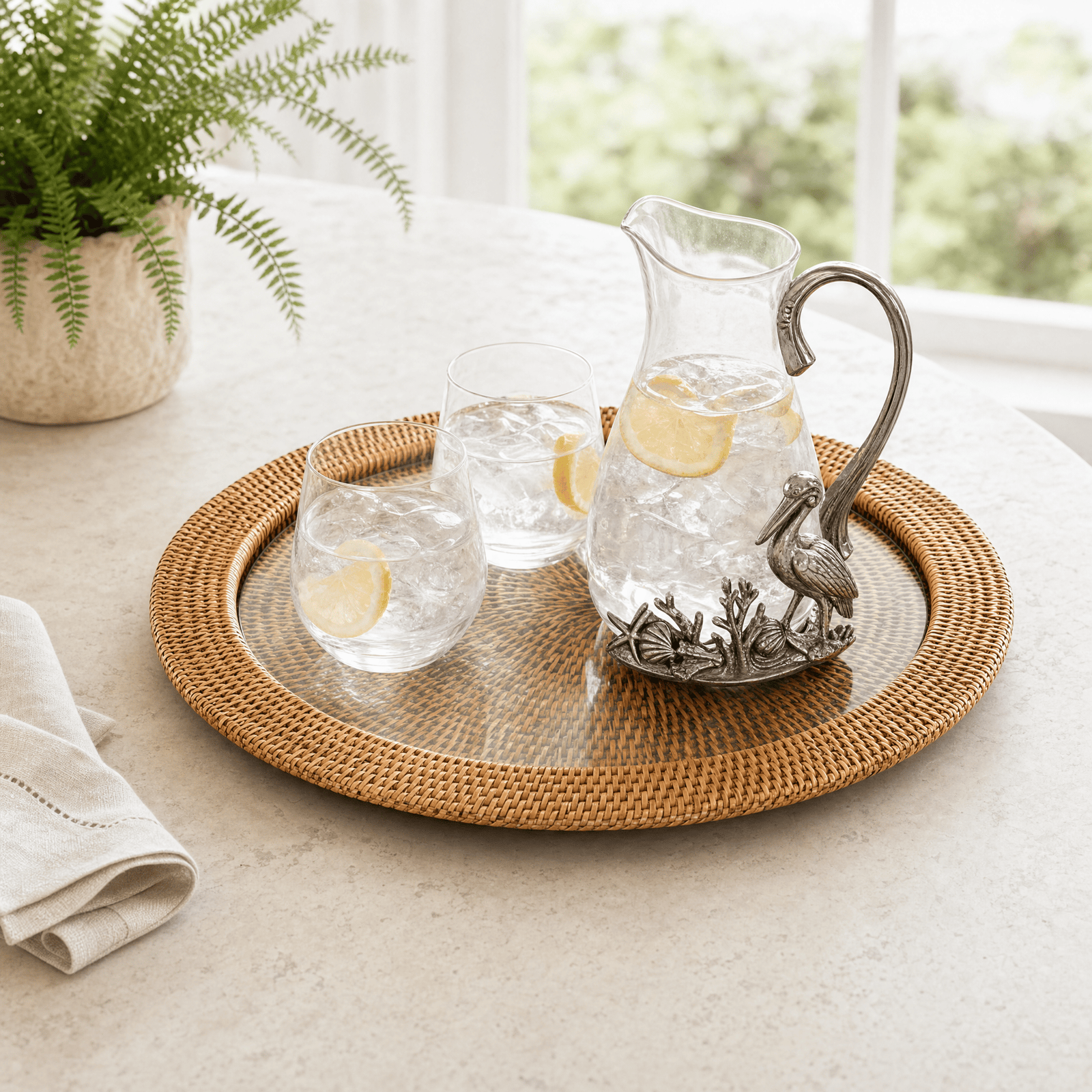 Round Serving Tray Hand Woven Wicker Rattan - Glass Insert 5