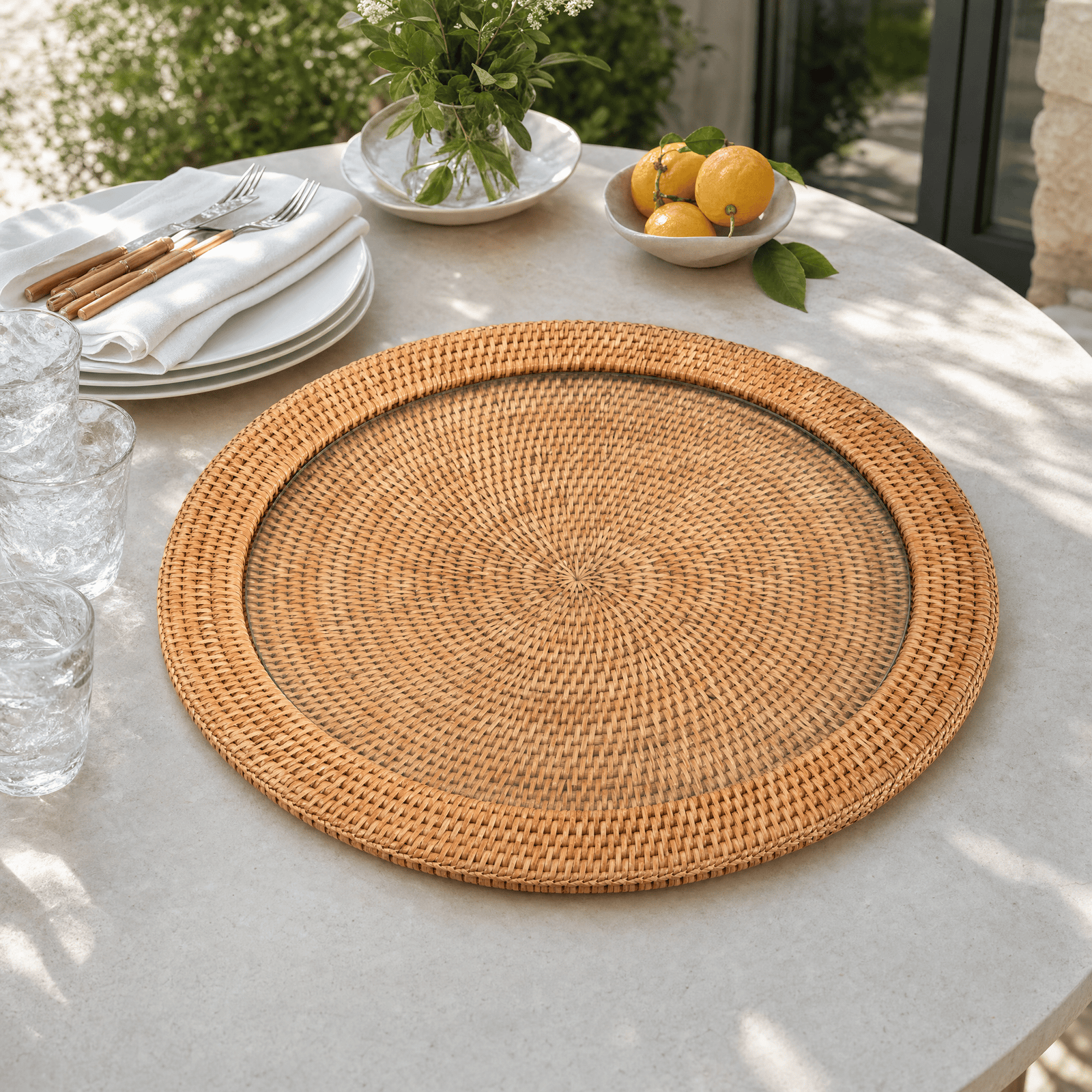 Round Serving Tray Hand Woven Wicker Rattan - Glass Insert 7