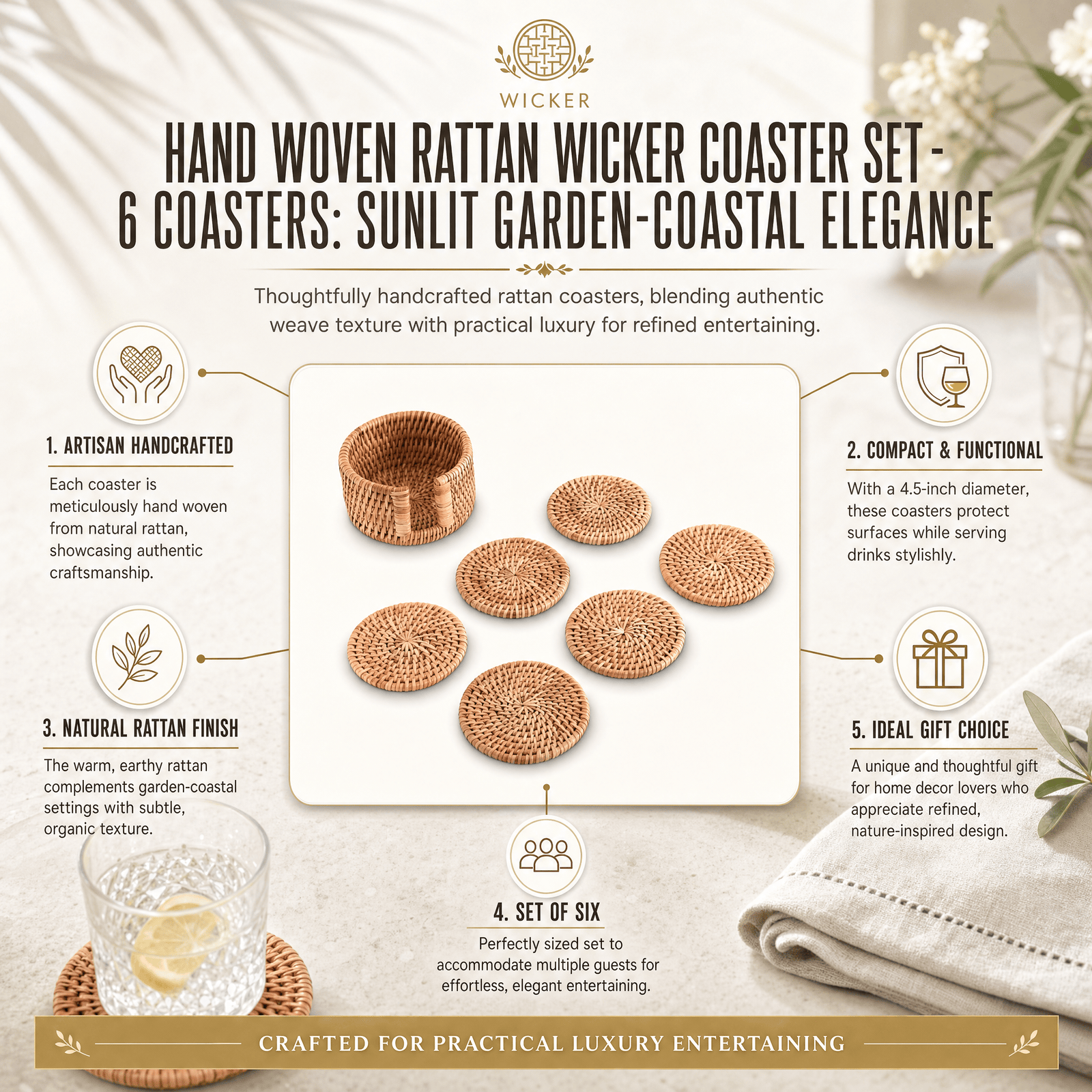Hand Woven Rattan Wicker Coaster Set - 6 Coasters 11