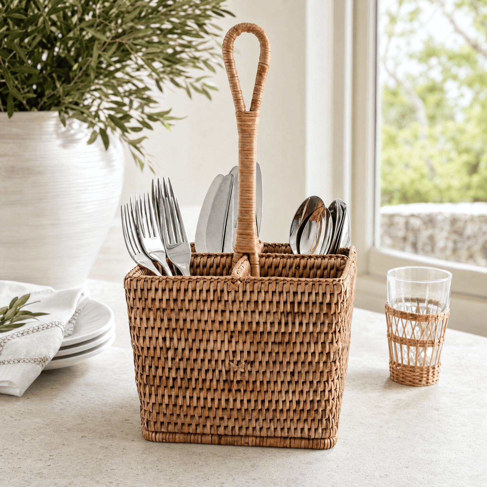 Hand Woven Rattan Wicker Flatware Caddy 2