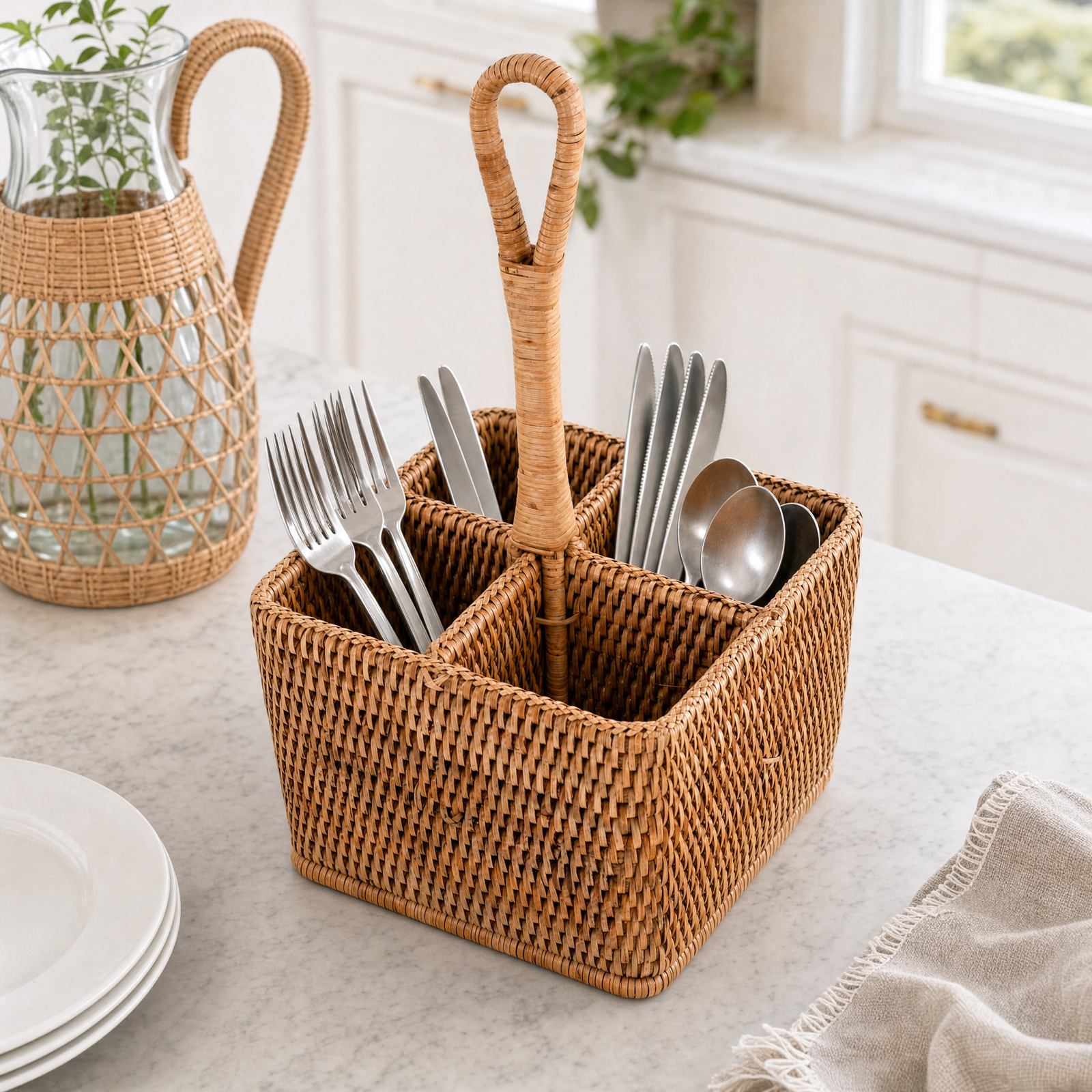 Hand Woven Rattan Wicker Flatware Caddy 3