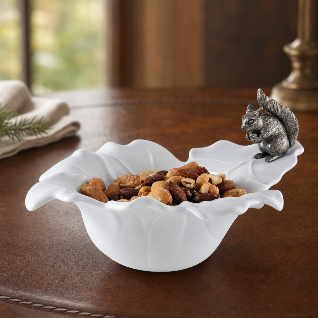 Fine Porcelain Leaf Bowl with Pewter Squirrel 2