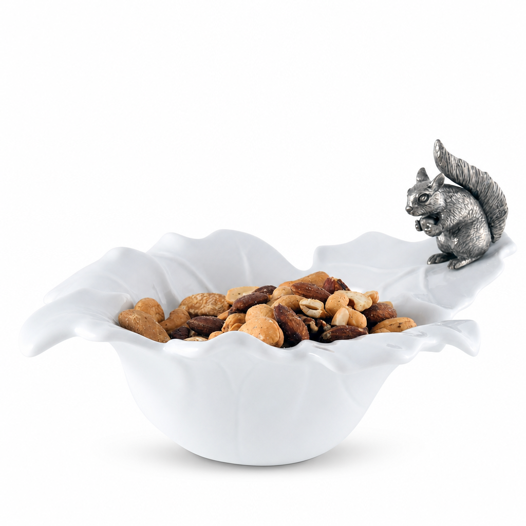 Fine Porcelain Leaf Bowl with Pewter Squirrel 1