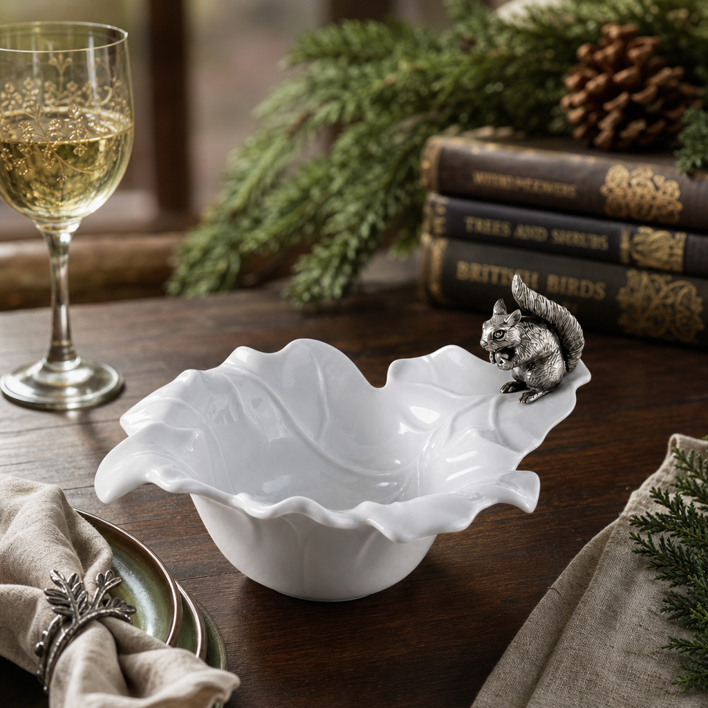 Fine Porcelain Leaf Bowl with Pewter Squirrel 8