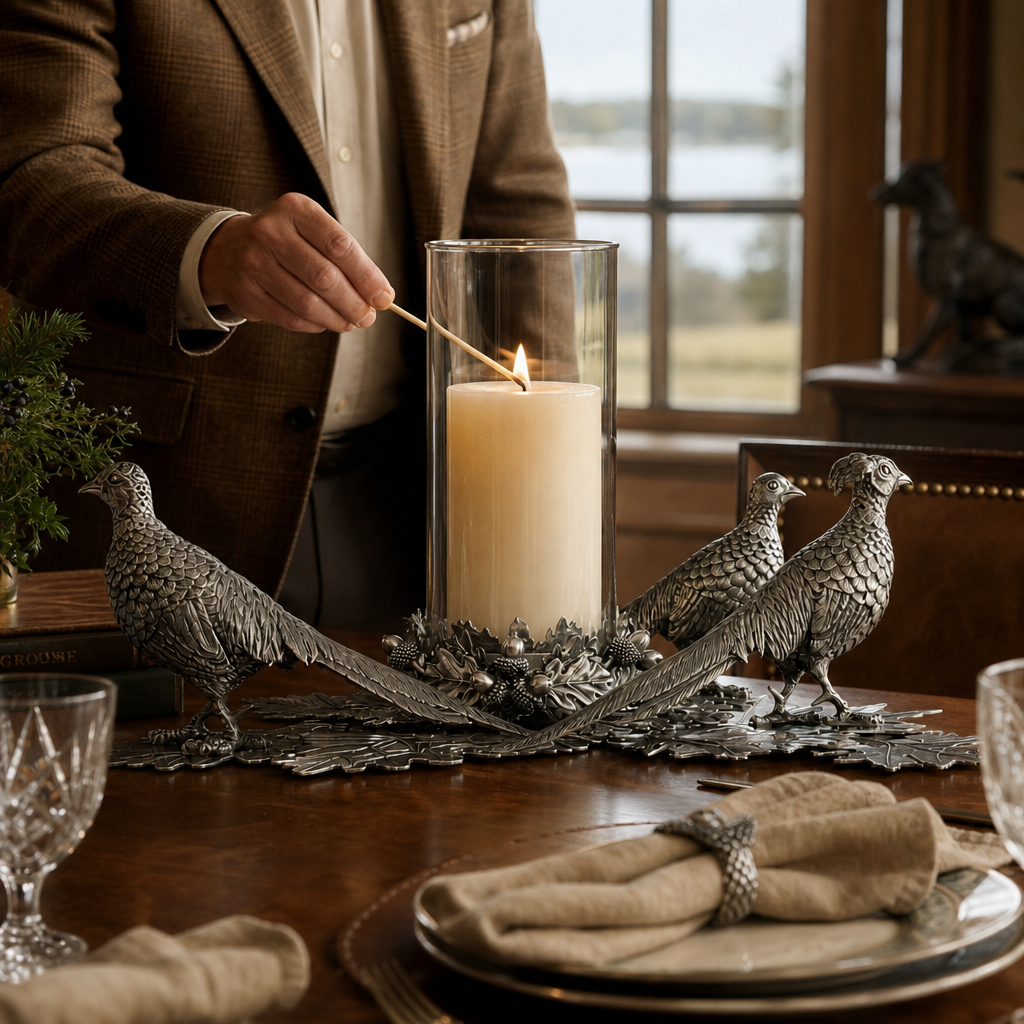 Pewter Pheasants Pillar Hurricane Centerpiece 6