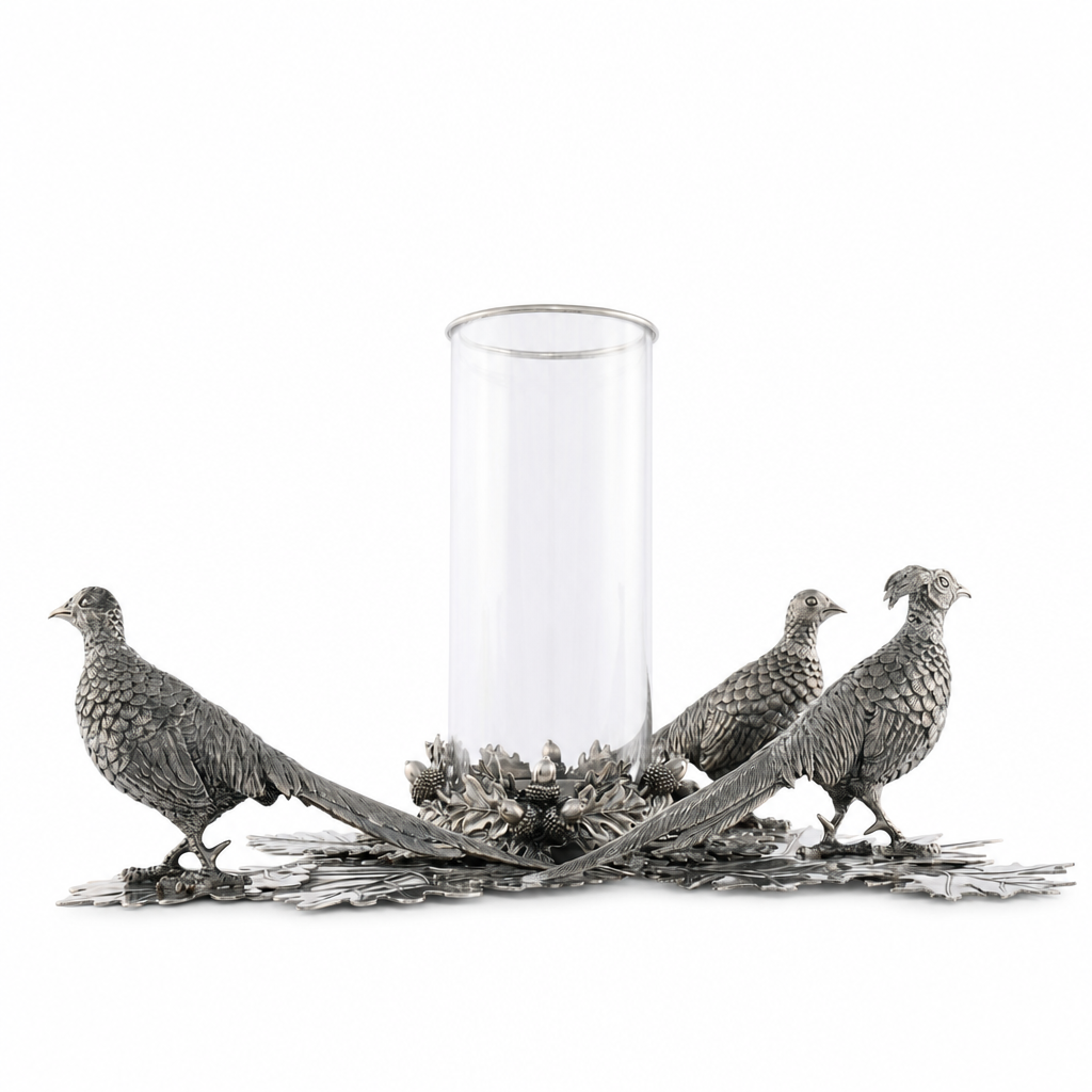 Pewter Pheasants Pillar Hurricane Centerpiece 1
