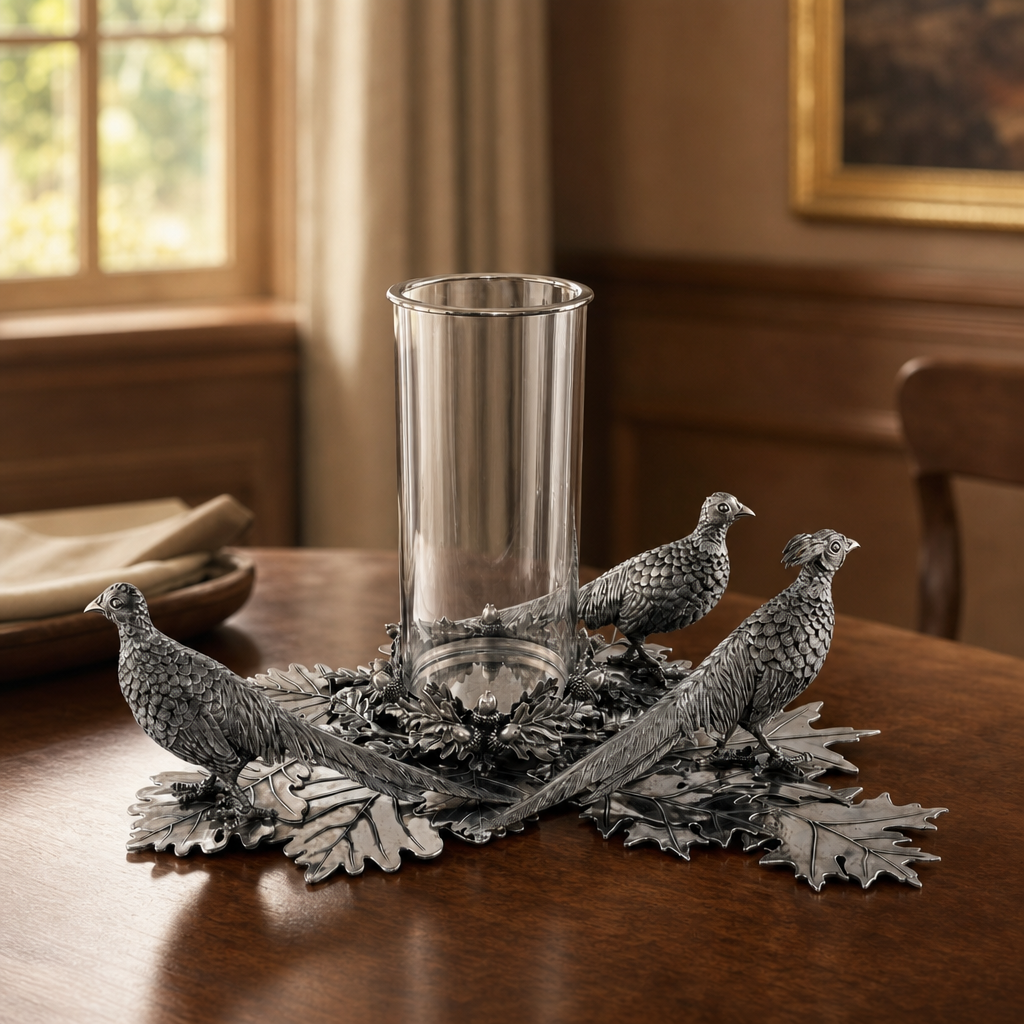 Pewter Pheasants Pillar Hurricane Centerpiece 3