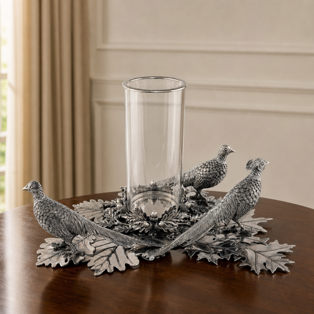 Pewter Pheasants Pillar Hurricane Centerpiece 10