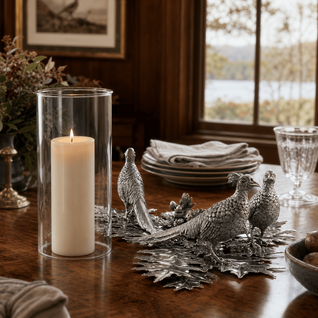 Pewter Pheasants Pillar Hurricane Centerpiece 9
