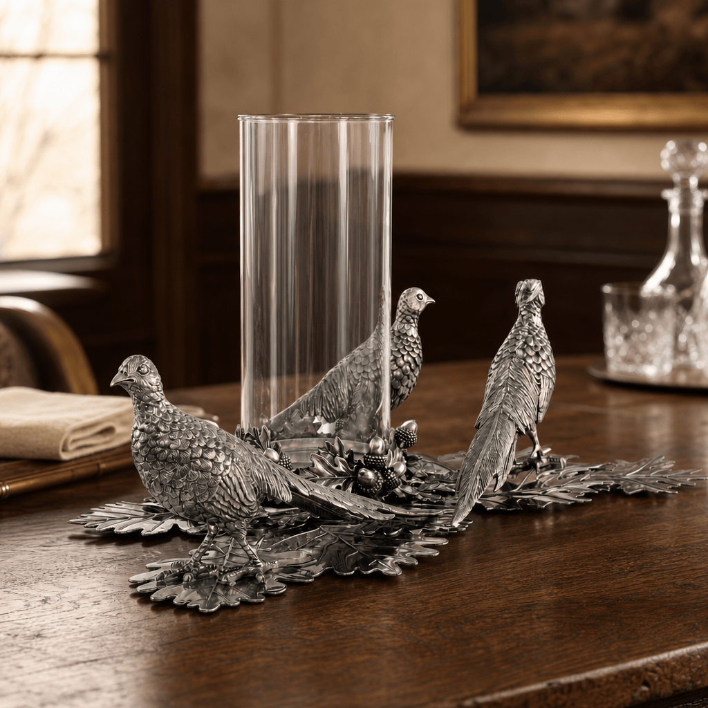 Pewter Pheasants Pillar Hurricane Centerpiece 4