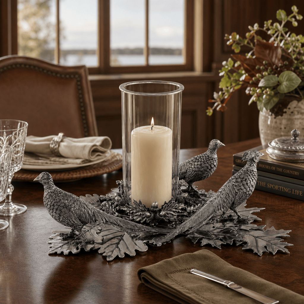 Pewter Pheasants Pillar Hurricane Centerpiece 6