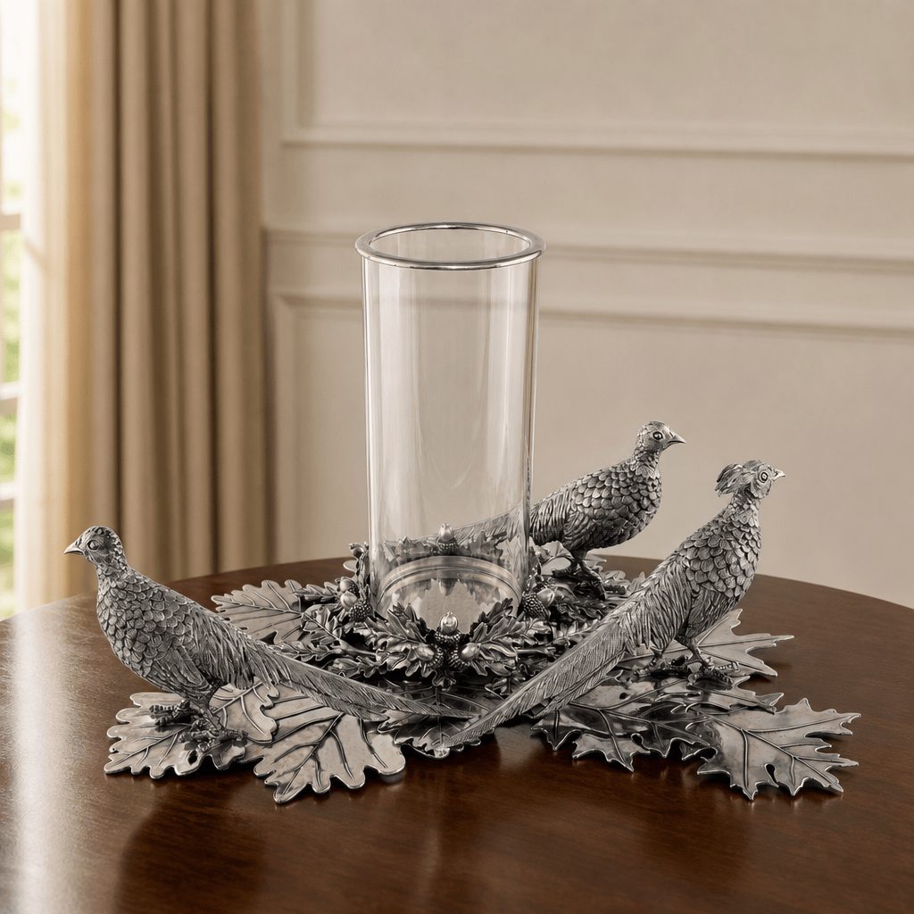 Pewter Pheasants Pillar Hurricane Centerpiece 8