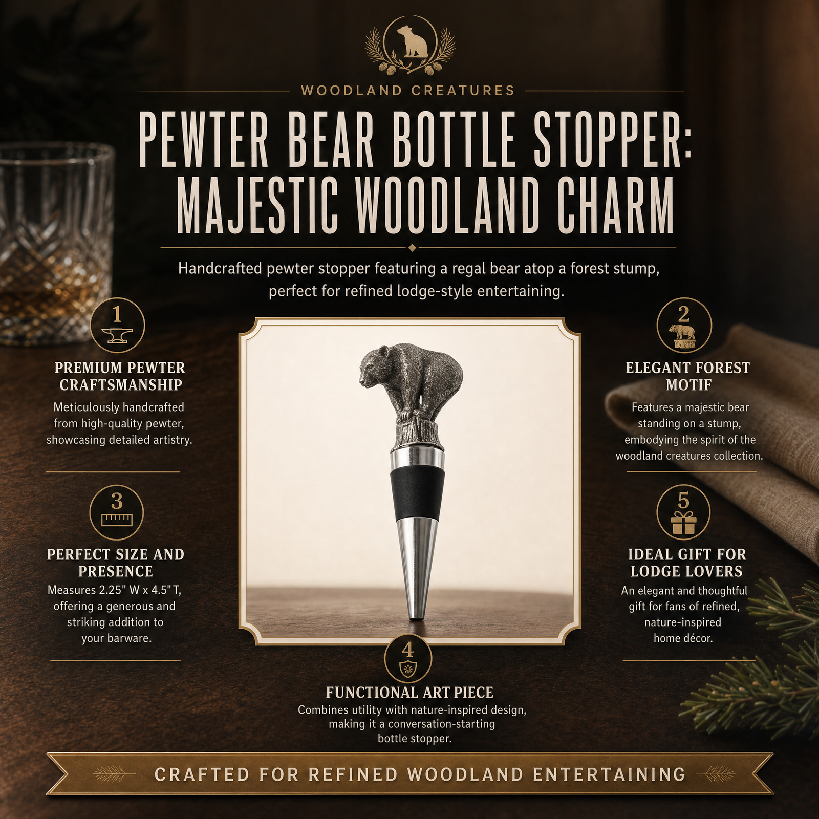 Pewter Bear Bottle Stopper 8
