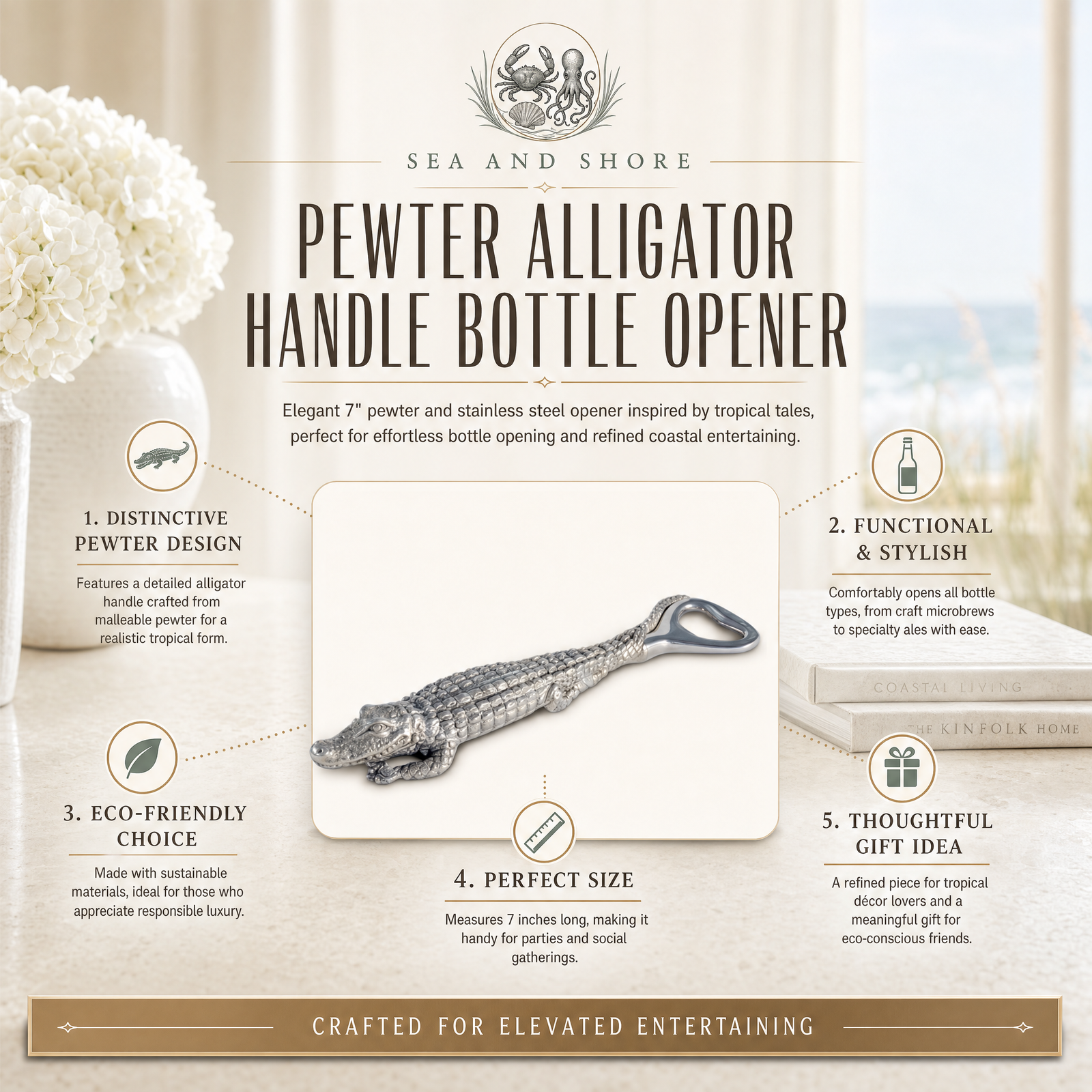 Pewter Alligator Handle Bottle Opener 12