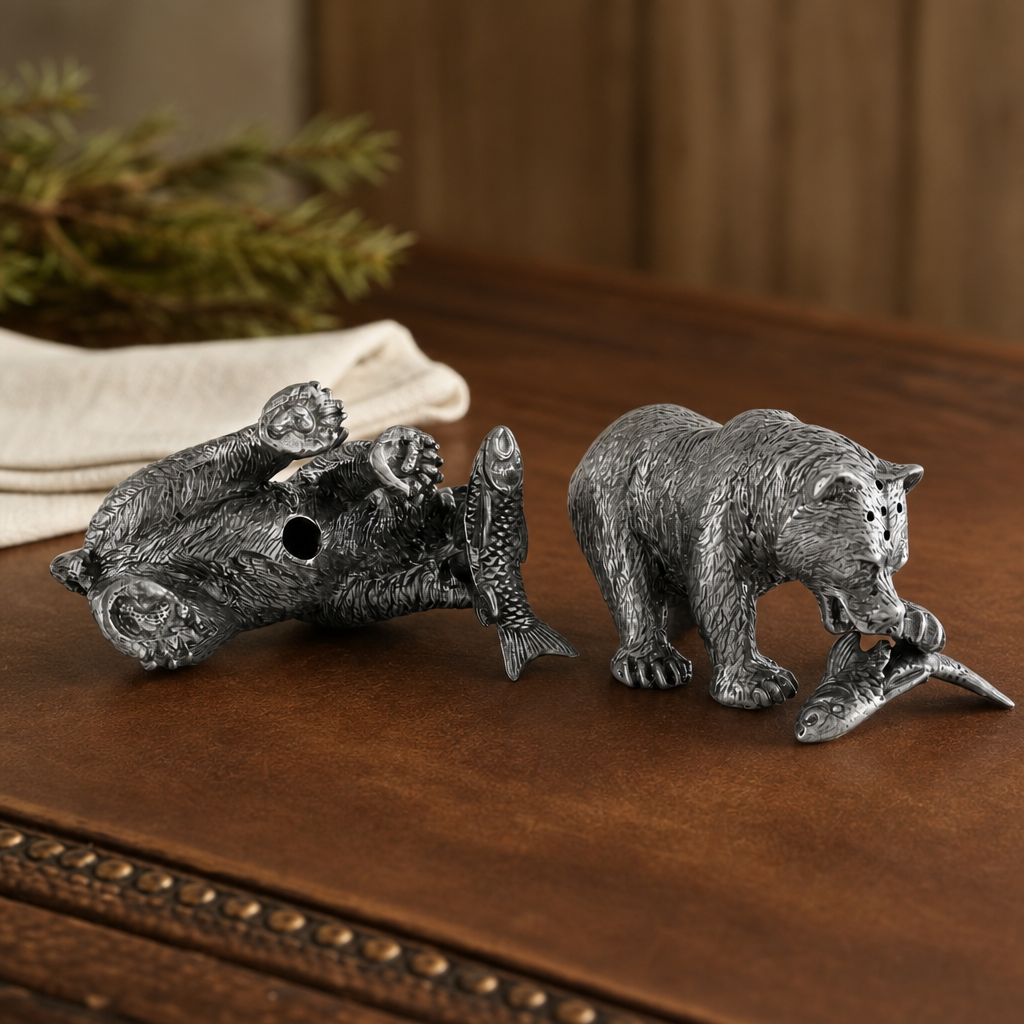 Pewter Fishing Bear Salt & Pepper Set 5