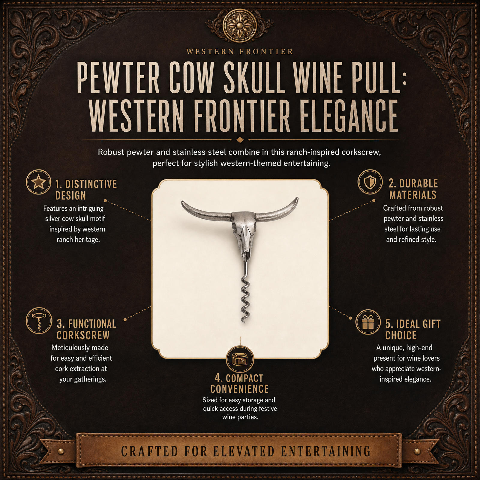 Pewter Cow Skull Wine Pull 9
