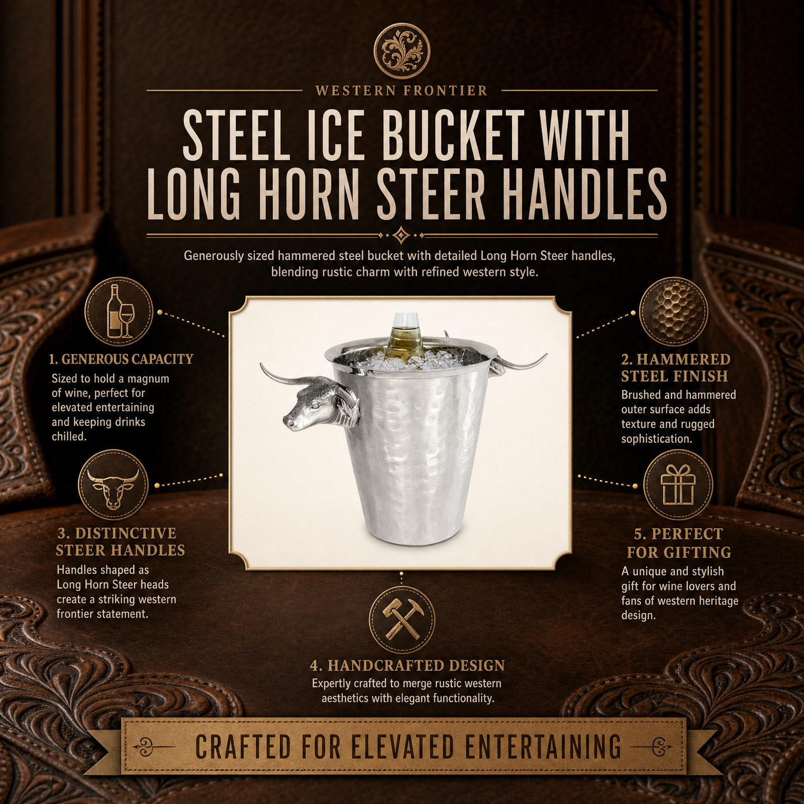 Steel Ice Bucket with Long Horn Steer Handles 11