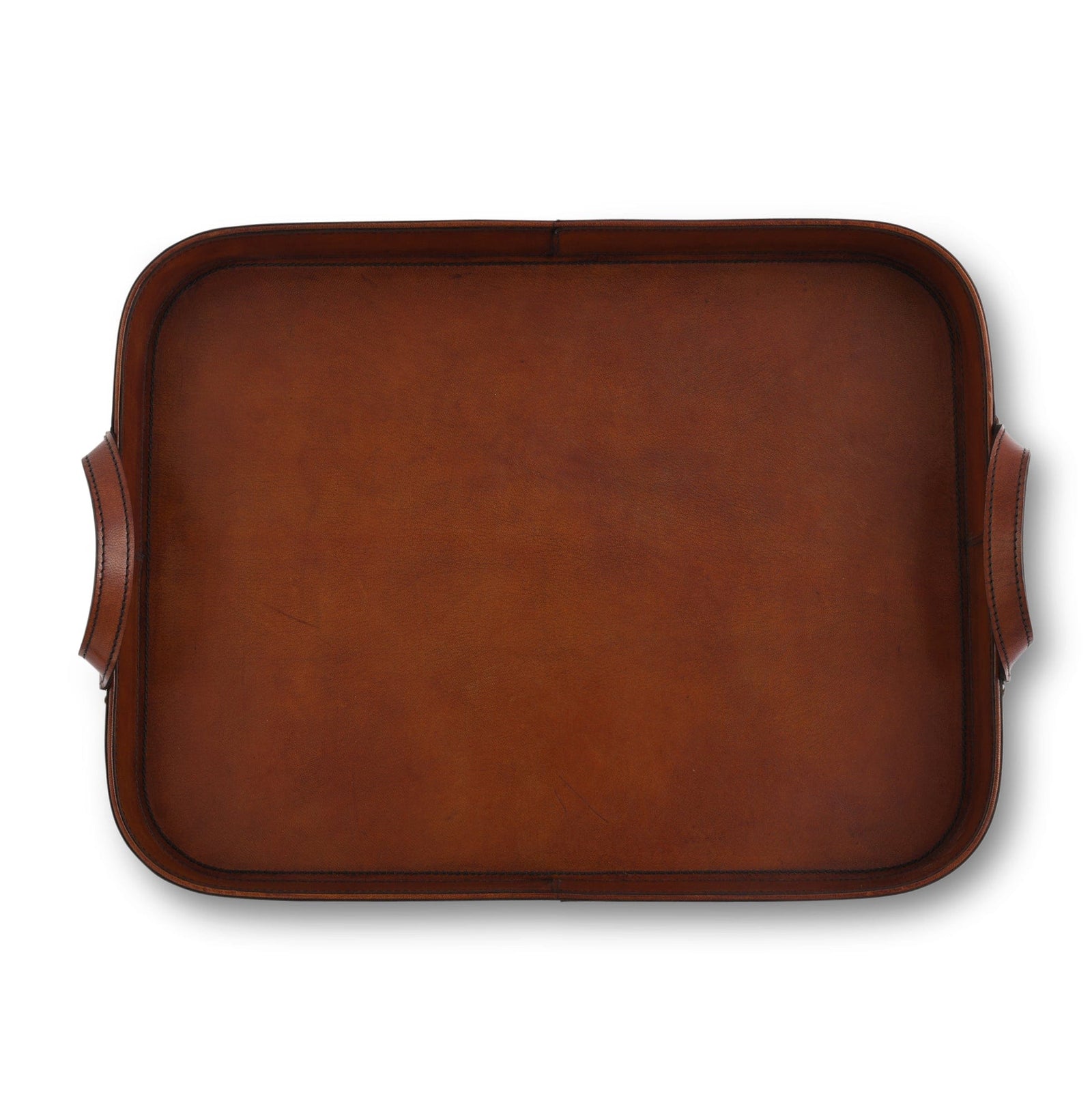 Top-down view of a brown leather serving tray with handles, perfect for elegant home décor and entertaining.