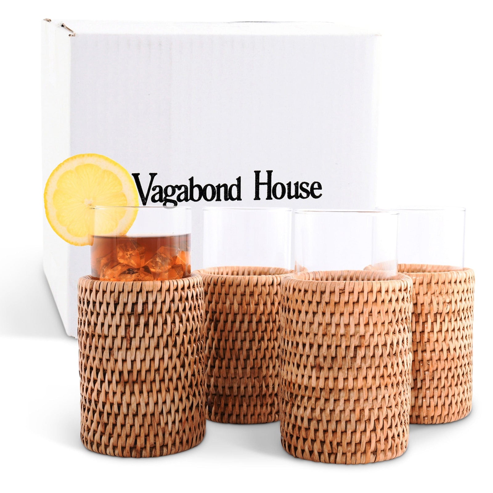 Vagabond House Replacement Drinking Glass Covered with Hand Woven Wicker Rattan - Set of 4
