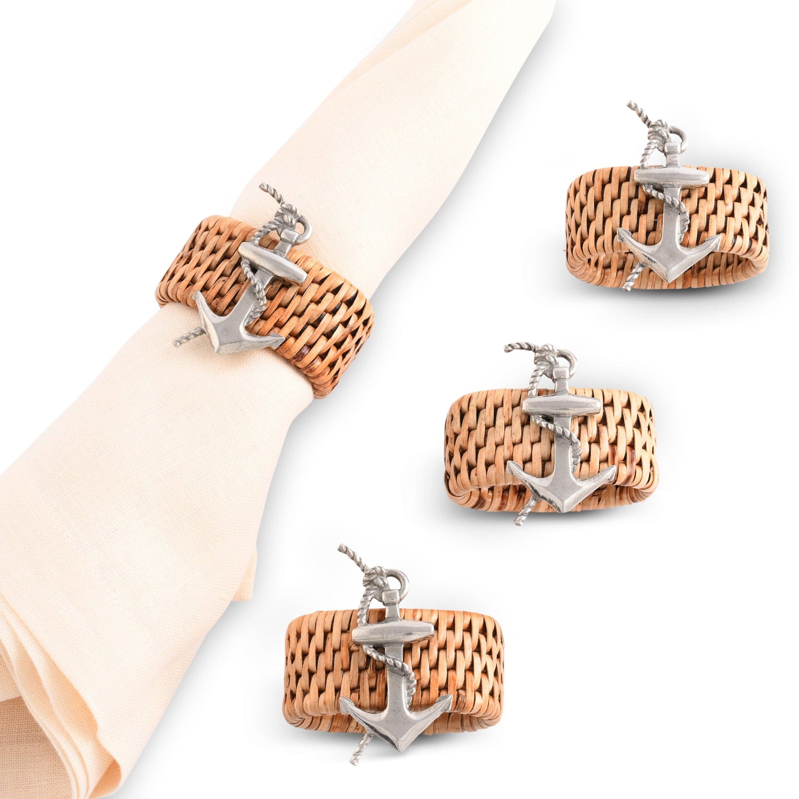 Vagabond House Sea and Shore Anchor Hand Woven Wicker Rattan Napkin Ring - Set of 4