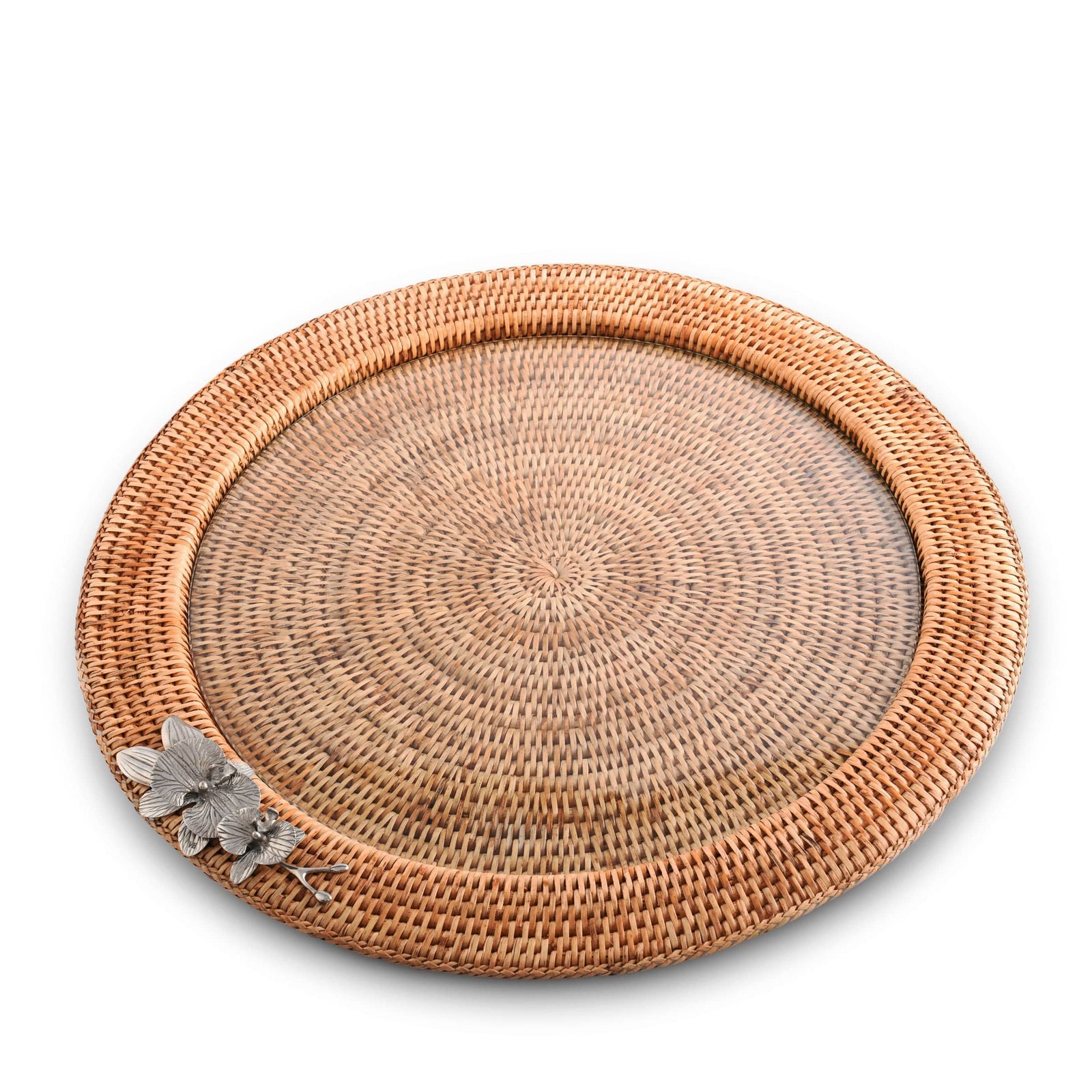 Vagabond House Tropical Tales Orchid Round Serving Tray Hand Woven Wicker Rattan - Glass Insert